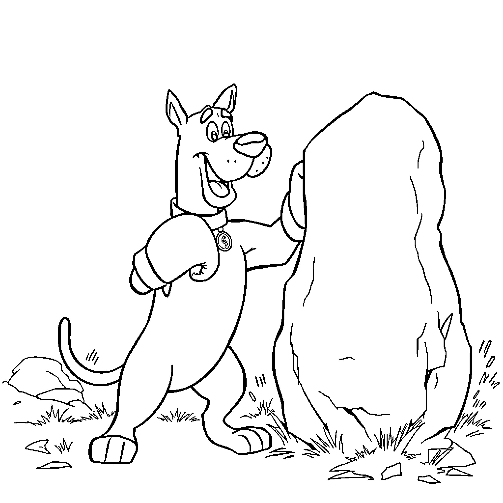 Scooby Doo exploring outdoors with Shaggy Coloring Page (free black-and-white line drawing printable PDF for all, from beginners to advanced learners, including children, teens, adults, and seniors)