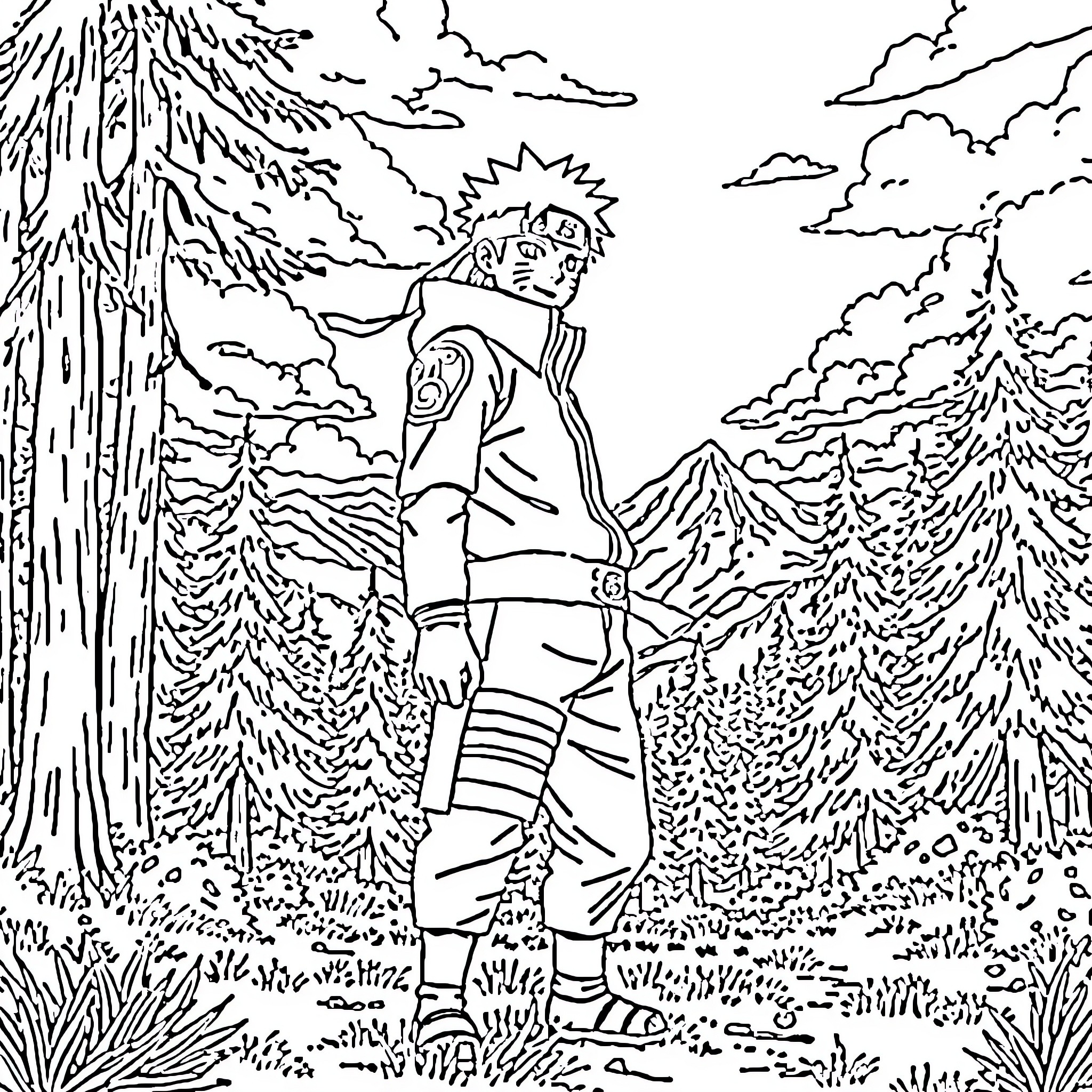 Naruto exploring the wilderness in the forest Coloring Page (free black-and-white line drawing printable PDF for all, from beginners to advanced learners, including children, teens, adults, and seniors)