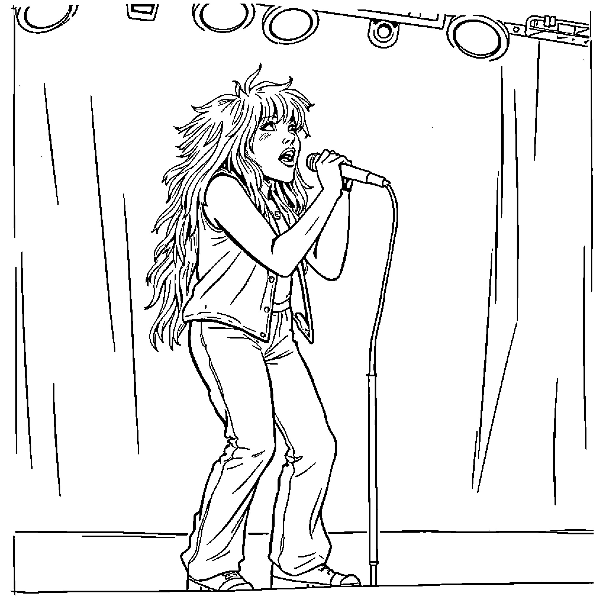 Huntrix Performing on Stage Coloring Page (free black-and-white line drawing printable PDF for all, from beginners to advanced learners, including children, teens, adults, and seniors)