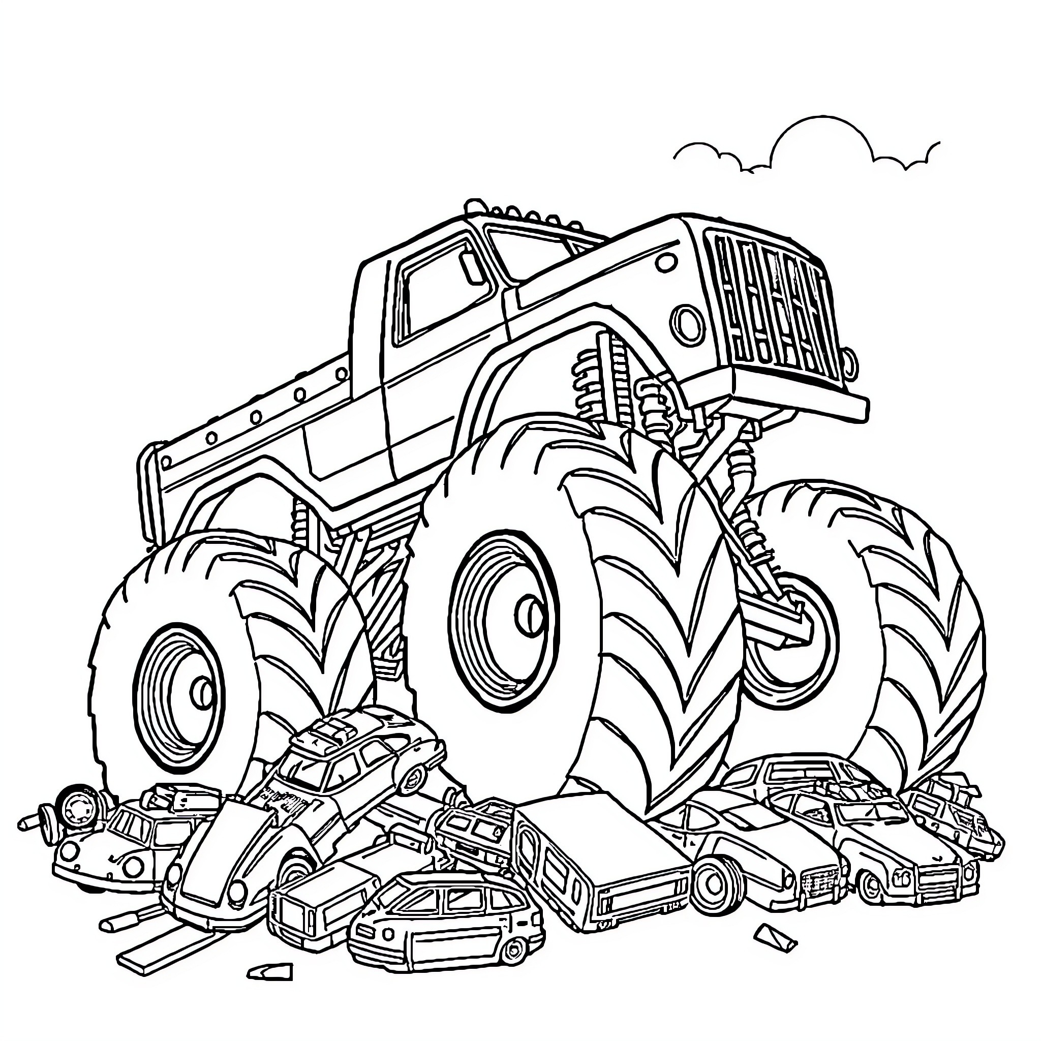 Monster Truck Crushing Small Cars on the Road Coloring Page (free black-and-white line drawing printable PDF for all, from beginners to advanced learners, including children, teens, adults, and seniors)