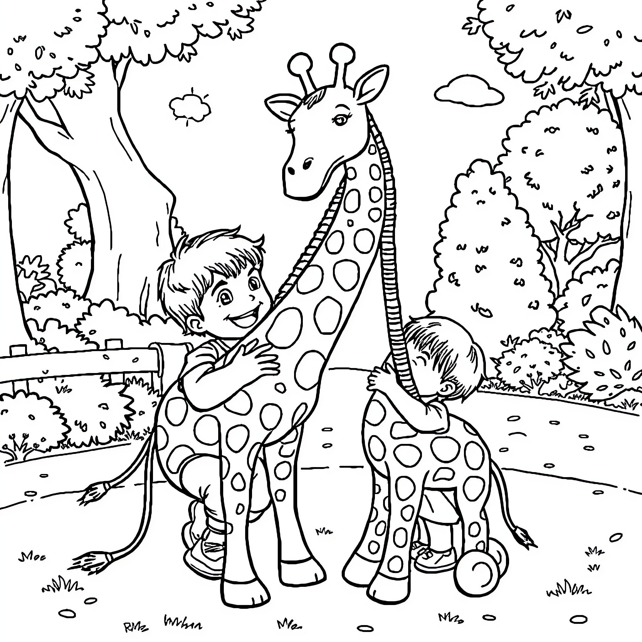 Giraffe enjoying playtime with children in the park Coloring Page (free black-and-white line drawing printable PDF for all, from beginners to advanced learners, including children, teens, adults, and seniors)