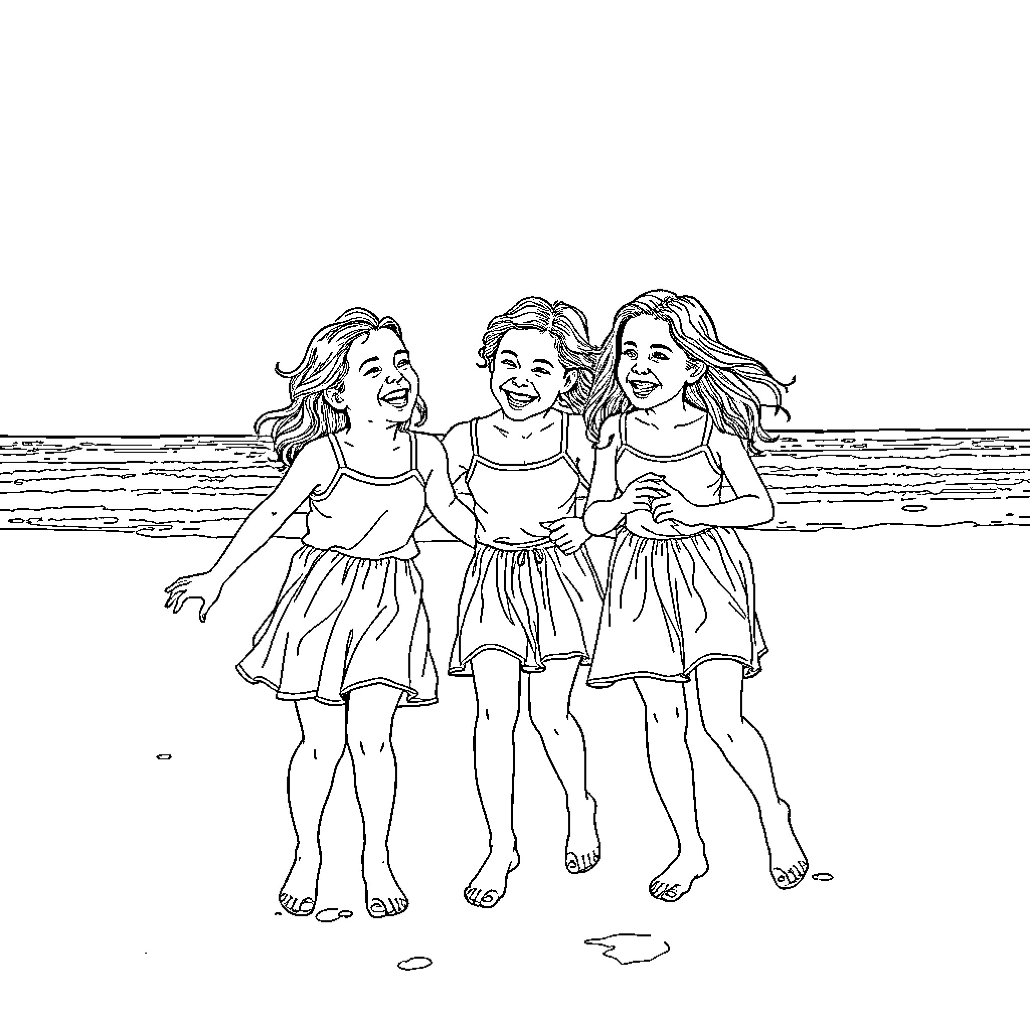 Girls playing joyfully on the beach Coloring Page (free black-and-white line drawing printable PDF for all, from beginners to advanced learners, including children, teens, adults, and seniors)