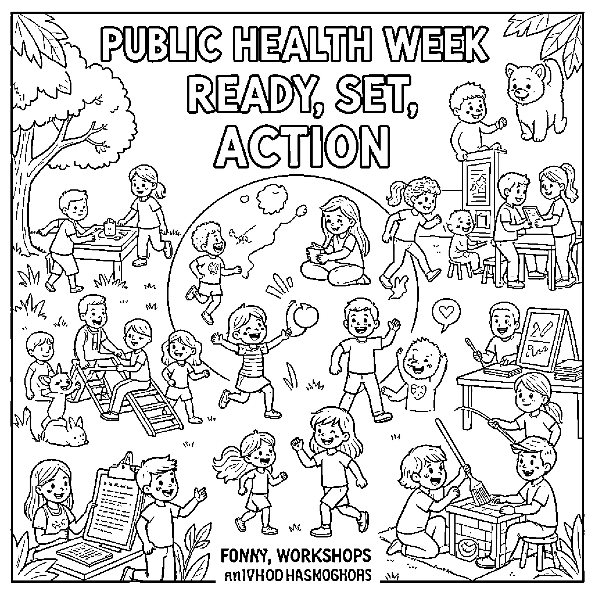 Public Health Week: Ready, Set, Action Coloring Page (free black-and-white line drawing printable PDF for all, from beginners to advanced learners, including children, teens, adults, and seniors)