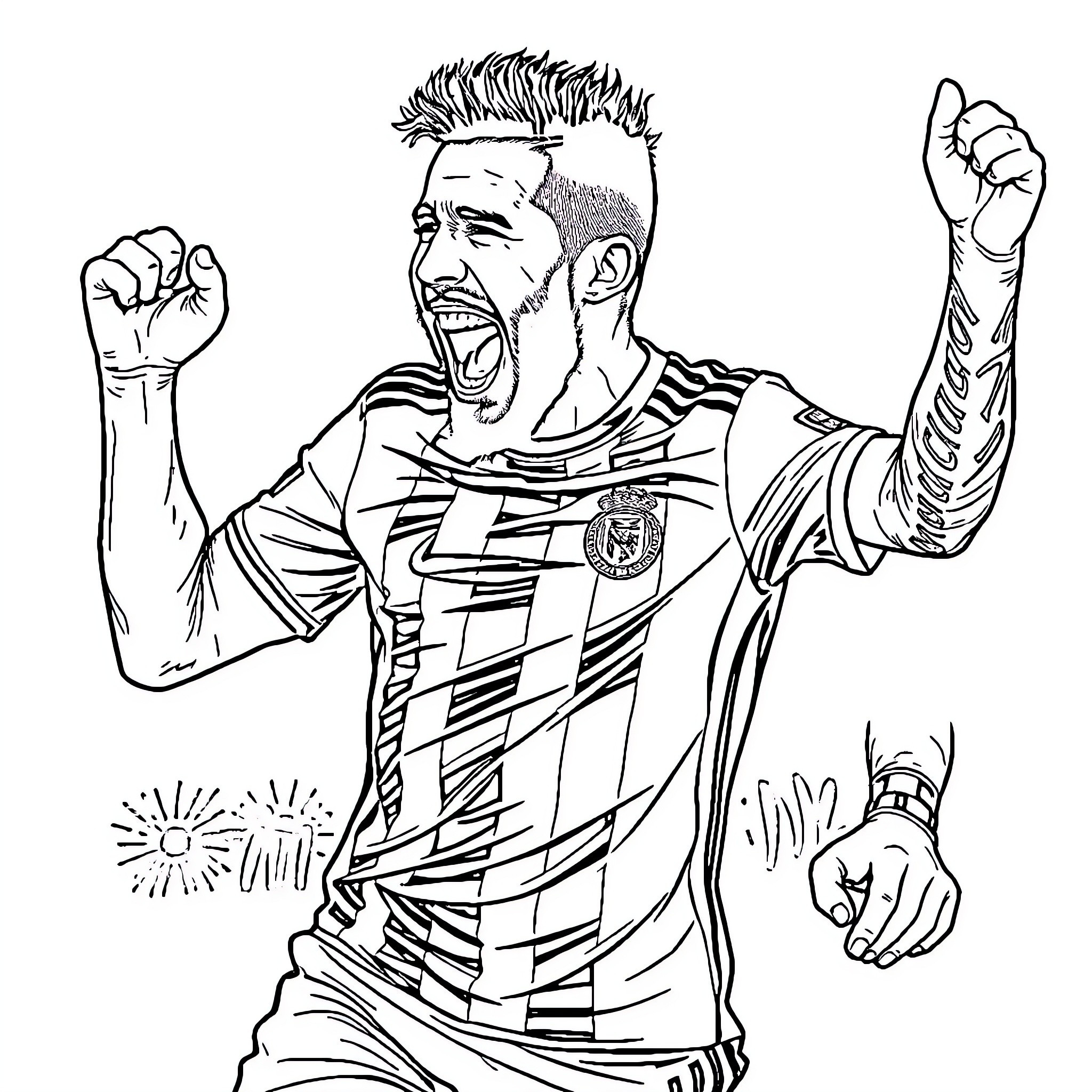 Arturo Vidal celebrating with fist raised in triumph Coloring Page (free black-and-white line drawing printable PDF for all, from beginners to advanced learners, including children, teens, adults, and seniors)