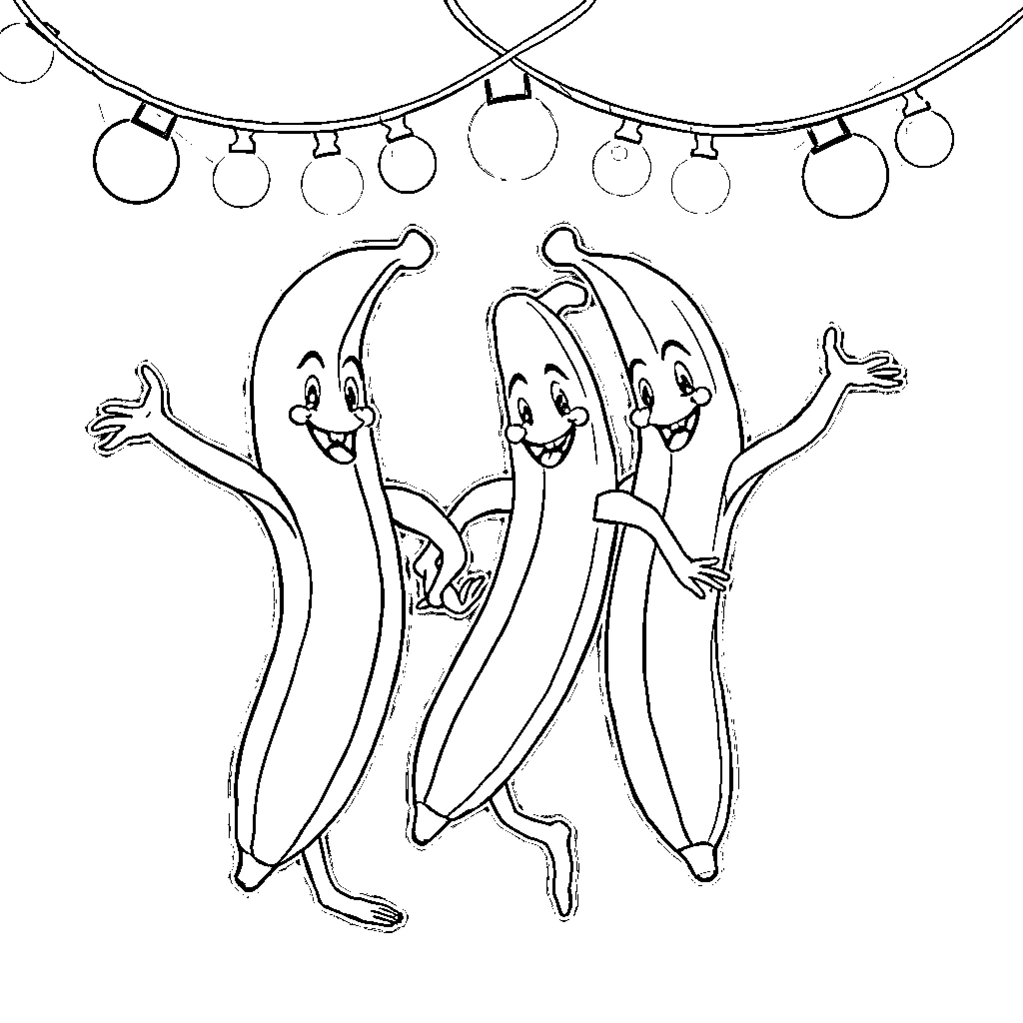 Banana friends dancing under string lights Coloring Page (free black-and-white line drawing printable PDF for all, from beginners to advanced learners, including children, teens, adults, and seniors)