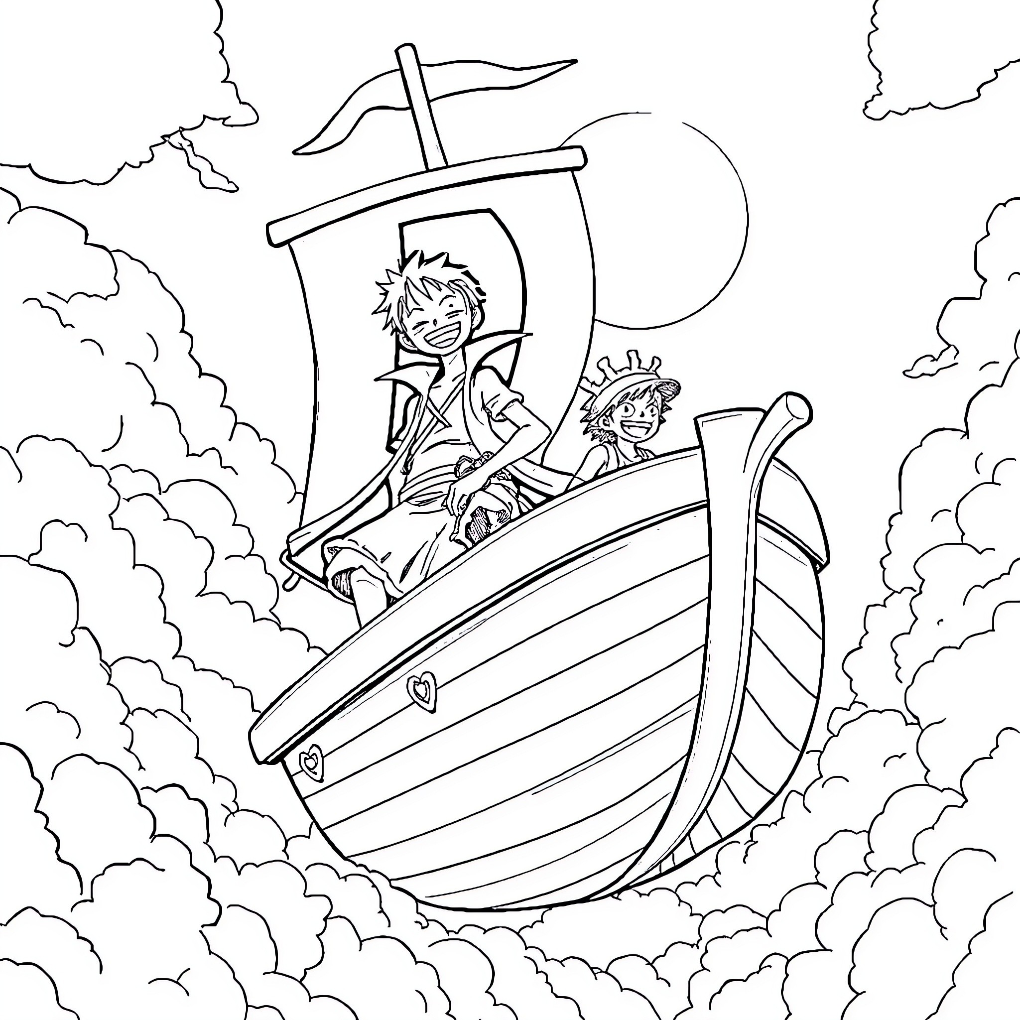 Luffy and Nami sailing on the high seas Coloring Page (free black-and-white line drawing printable PDF for all, from beginners to advanced learners, including children, teens, adults, and seniors)