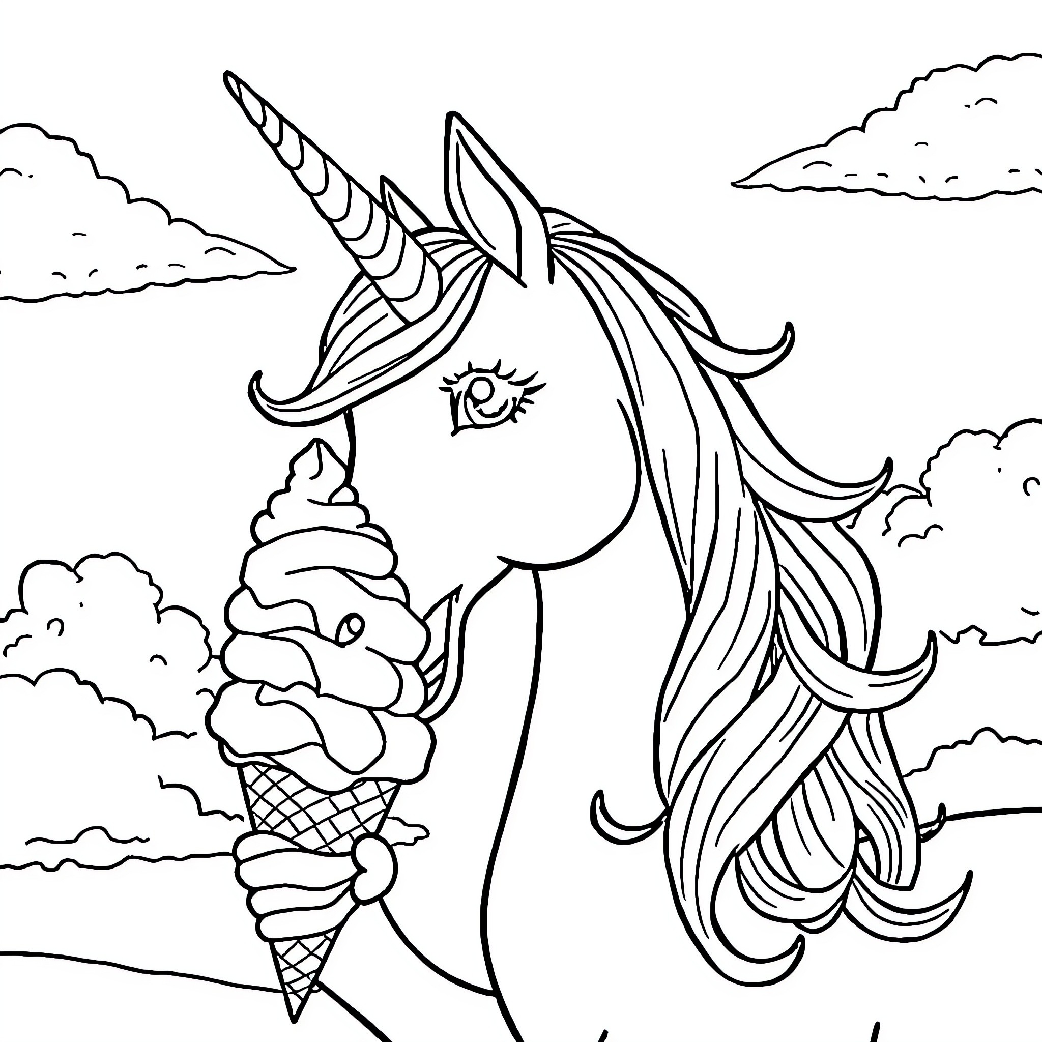 Unicorn enjoying a magical ice cream cone Coloring Page (free black-and-white line drawing printable PDF for all, from beginners to advanced learners, including children, teens, adults, and seniors)