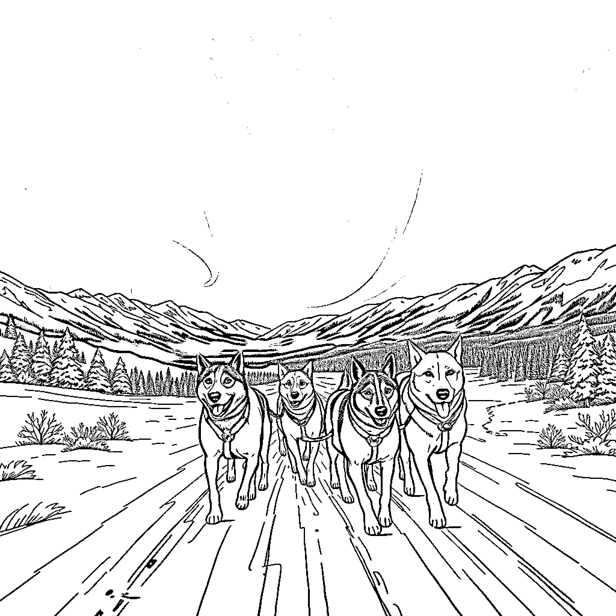 Sled Dogs Racing Across Snowy Landscape Coloring Page (free black-and-white line drawing printable PDF for all, from beginners to advanced learners, including children, teens, adults, and seniors)