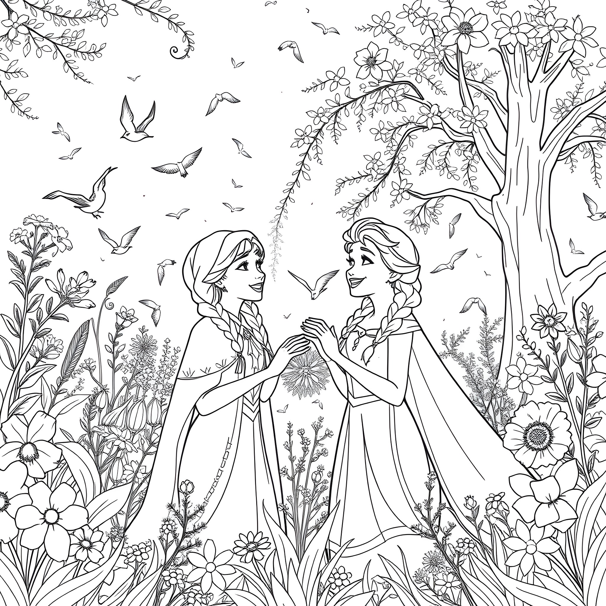 Anna and Elsa's Enchanted Garden Adventure Coloring Page (free black-and-white line drawing printable PDF for all, from beginners to advanced learners, including children, teens, adults, and seniors)