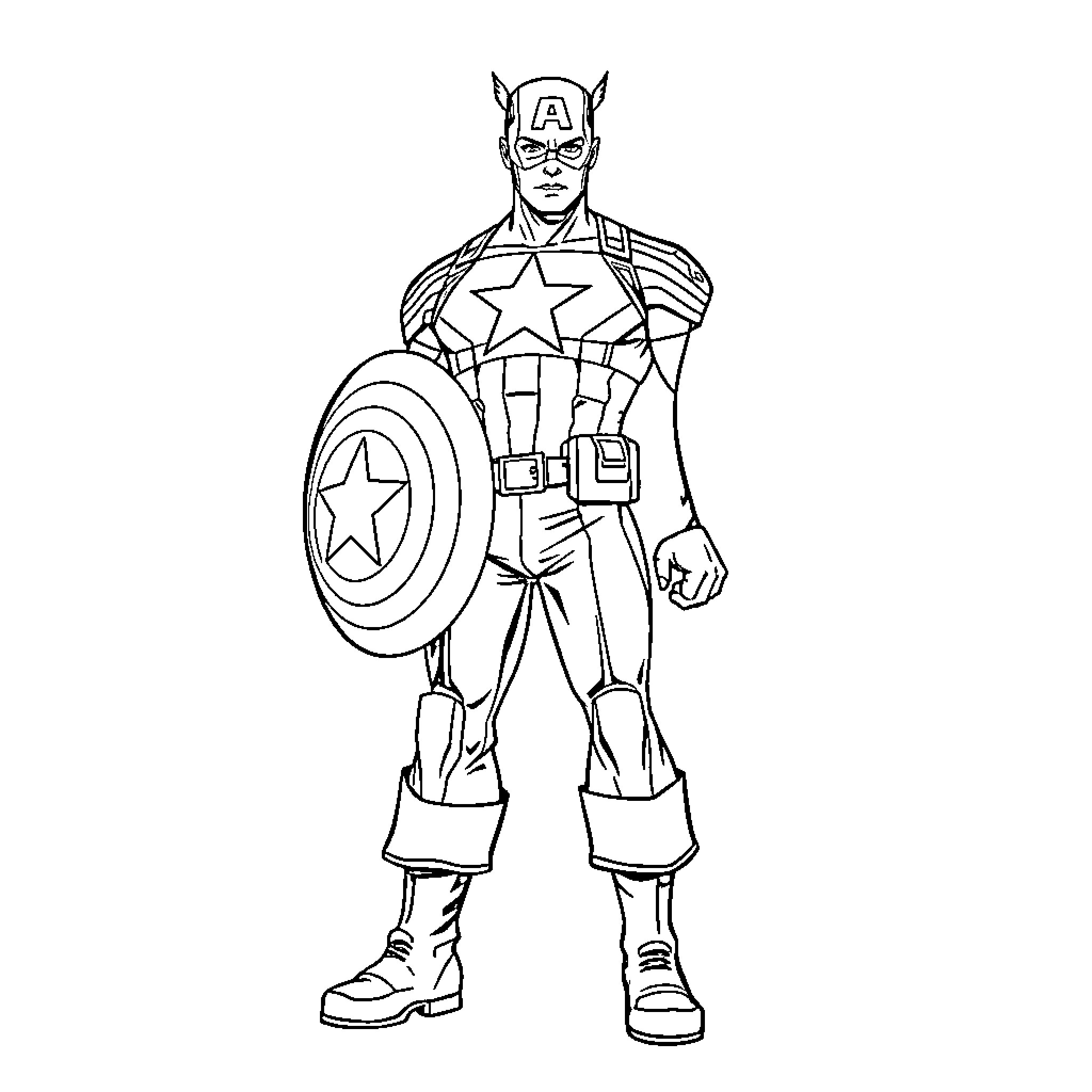 Captain America in Heroic Pose with Shield Coloring Page (free black-and-white line drawing printable PDF for all, from beginners to advanced learners, including children, teens, adults, and seniors)
