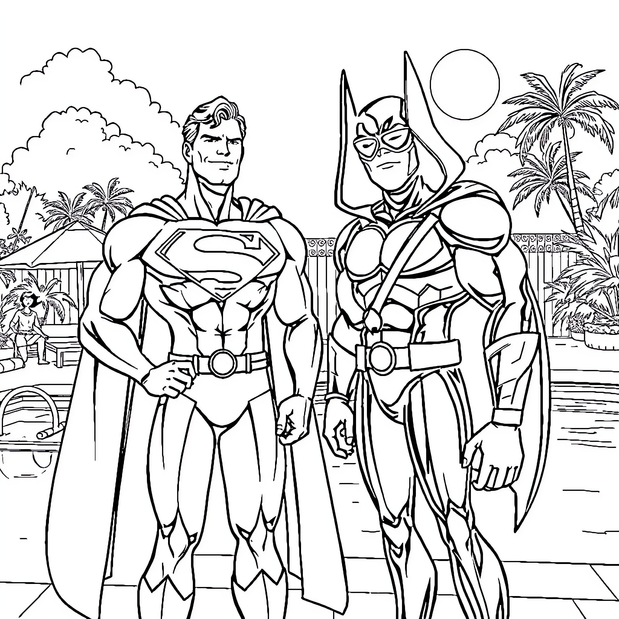 Superman and Superhero Fighting Villains in Tropical Paradise Coloring Page (free black-and-white line drawing printable PDF for all, from beginners to advanced learners, including children, teens, adults, and seniors)