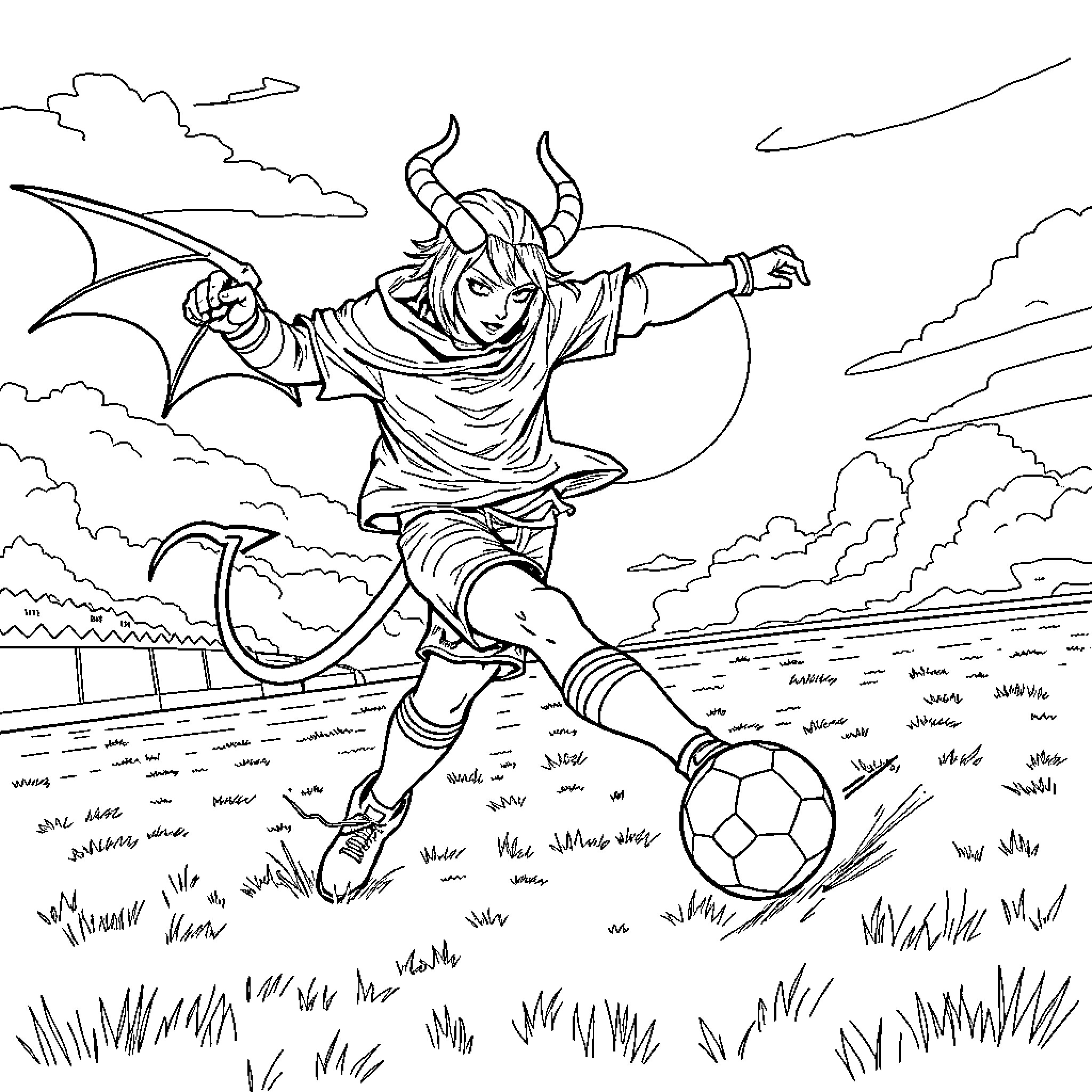Kpop Demon Hunter battles with a soccer ball in the field Coloring Page (free black-and-white line drawing printable PDF for all, from beginners to advanced learners, including children, teens, adults, and seniors)