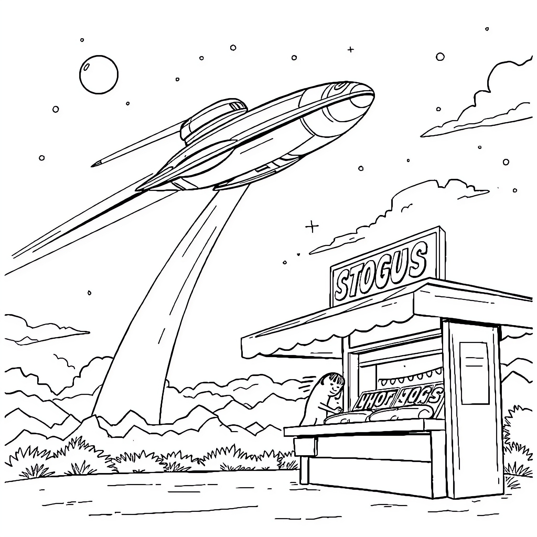 Alien Ship flies over roadside stall Coloring Page (free black-and-white line drawing printable PDF for all, from beginners to advanced learners, including children, teens, adults, and seniors)