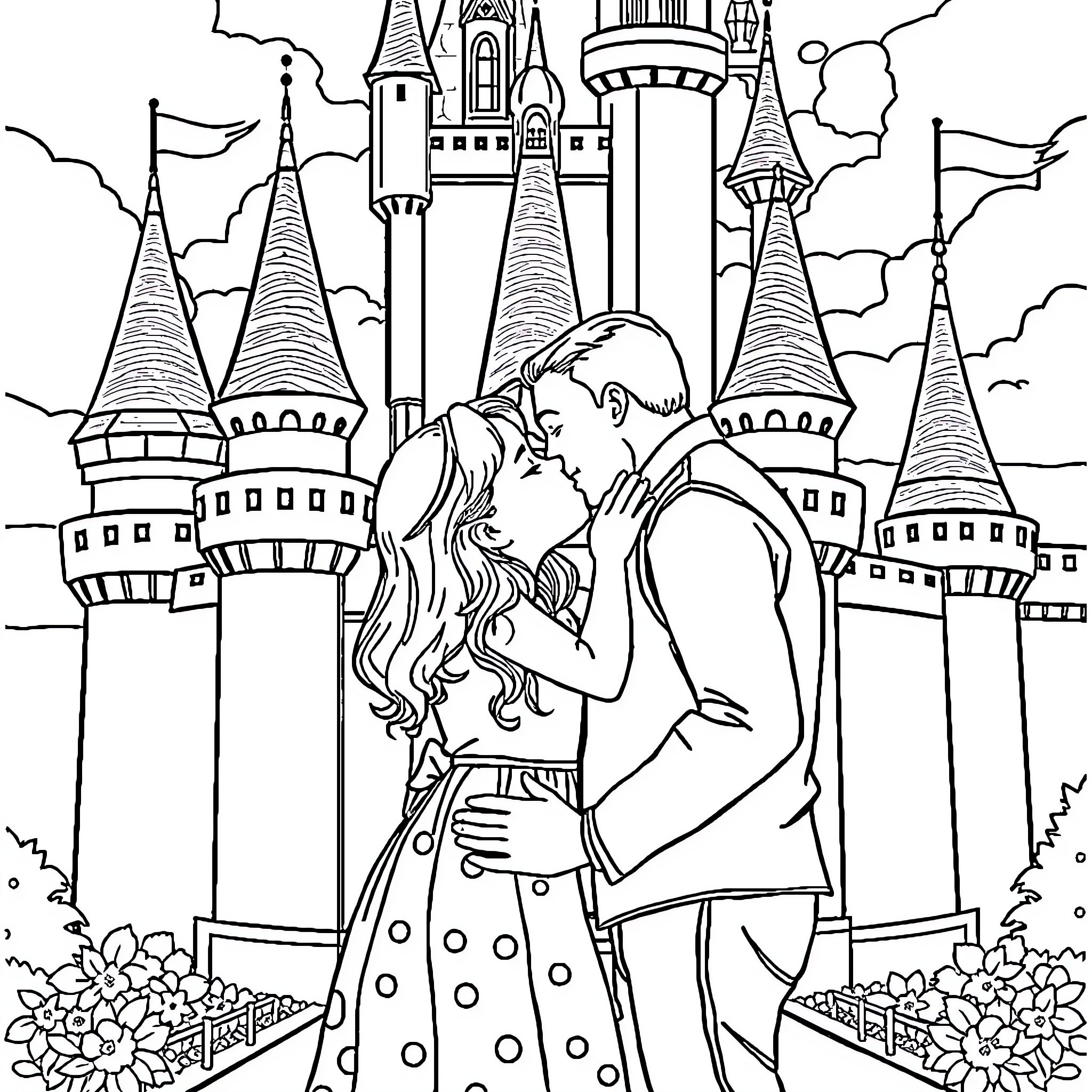 Daughter's Enchanting Romance in a Fairy-Tale Castle Coloring Page (free black-and-white line drawing printable PDF for all, from beginners to advanced learners, including children, teens, adults, and seniors)