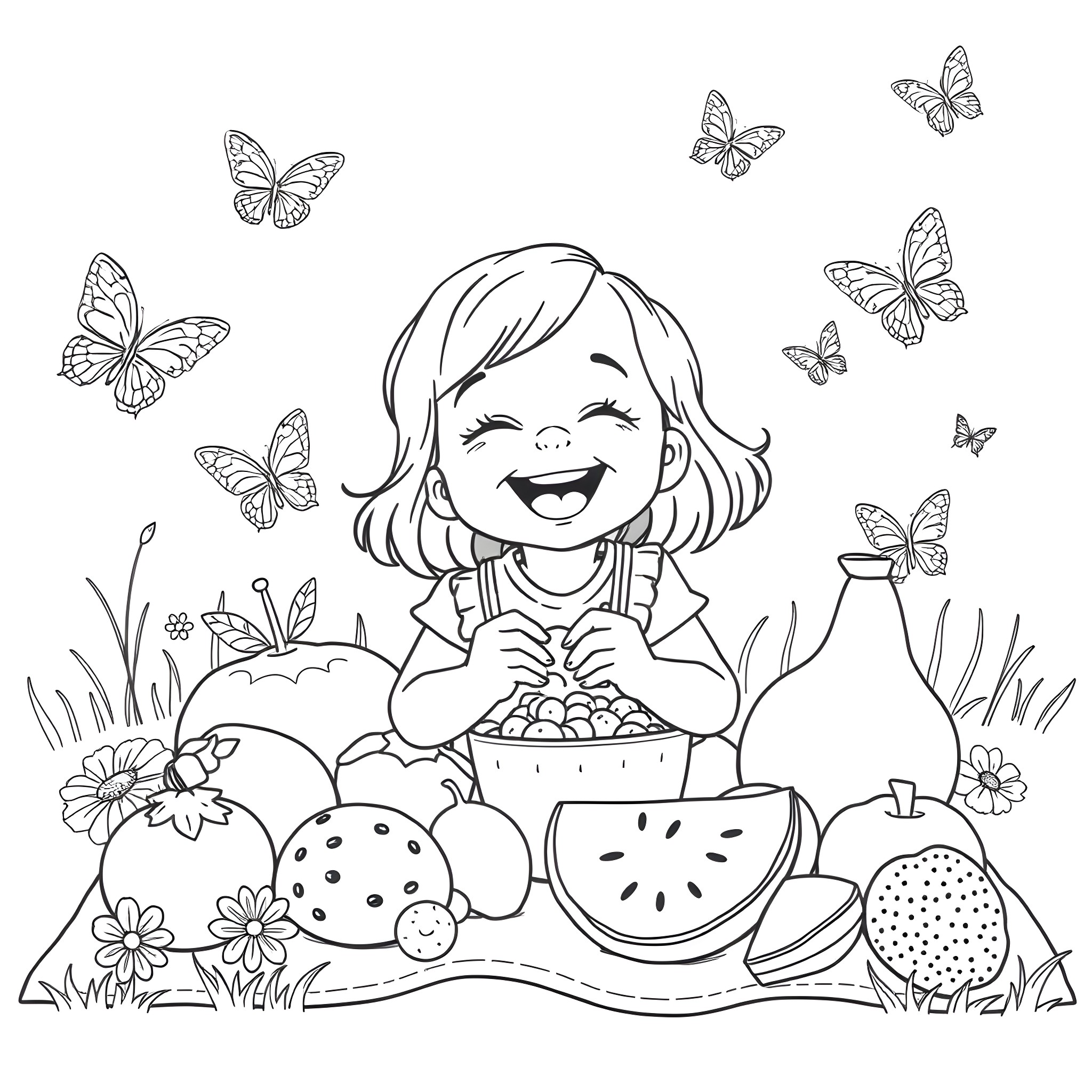 Girl enjoying fresh fruits in the garden Coloring Page (free black-and-white line drawing printable PDF for all, from beginners to advanced learners, including children, teens, adults, and seniors)