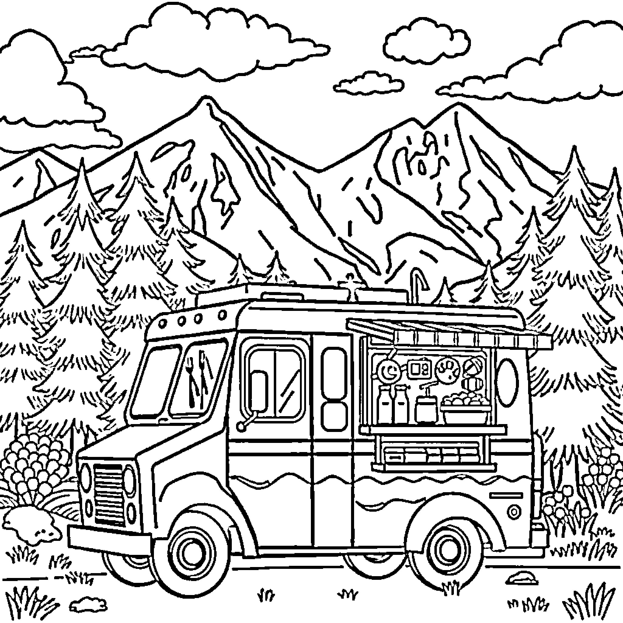 Food Truck in Scenic Mountain Landscape Coloring Page (free black-and-white line drawing printable PDF for all, from beginners to advanced learners, including children, teens, adults, and seniors)