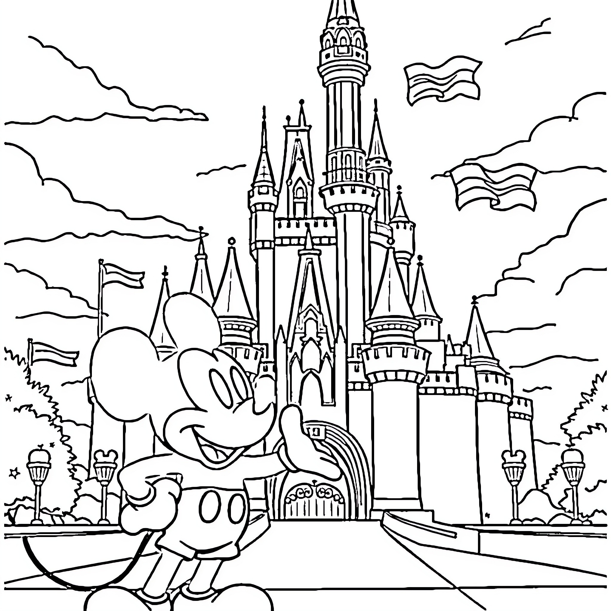 Mickey Mouse at the Disney Castle Coloring Page (free black-and-white line drawing printable PDF for all, from beginners to advanced learners, including children, teens, adults, and seniors)