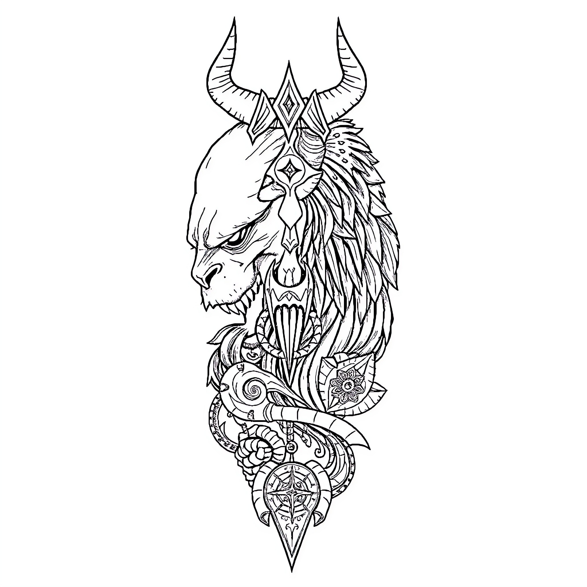 Elden Ring Majestic Minotaur Creature Illustration Coloring Page (free black-and-white line drawing printable PDF for all, from beginners to advanced learners, including children, teens, adults, and seniors)