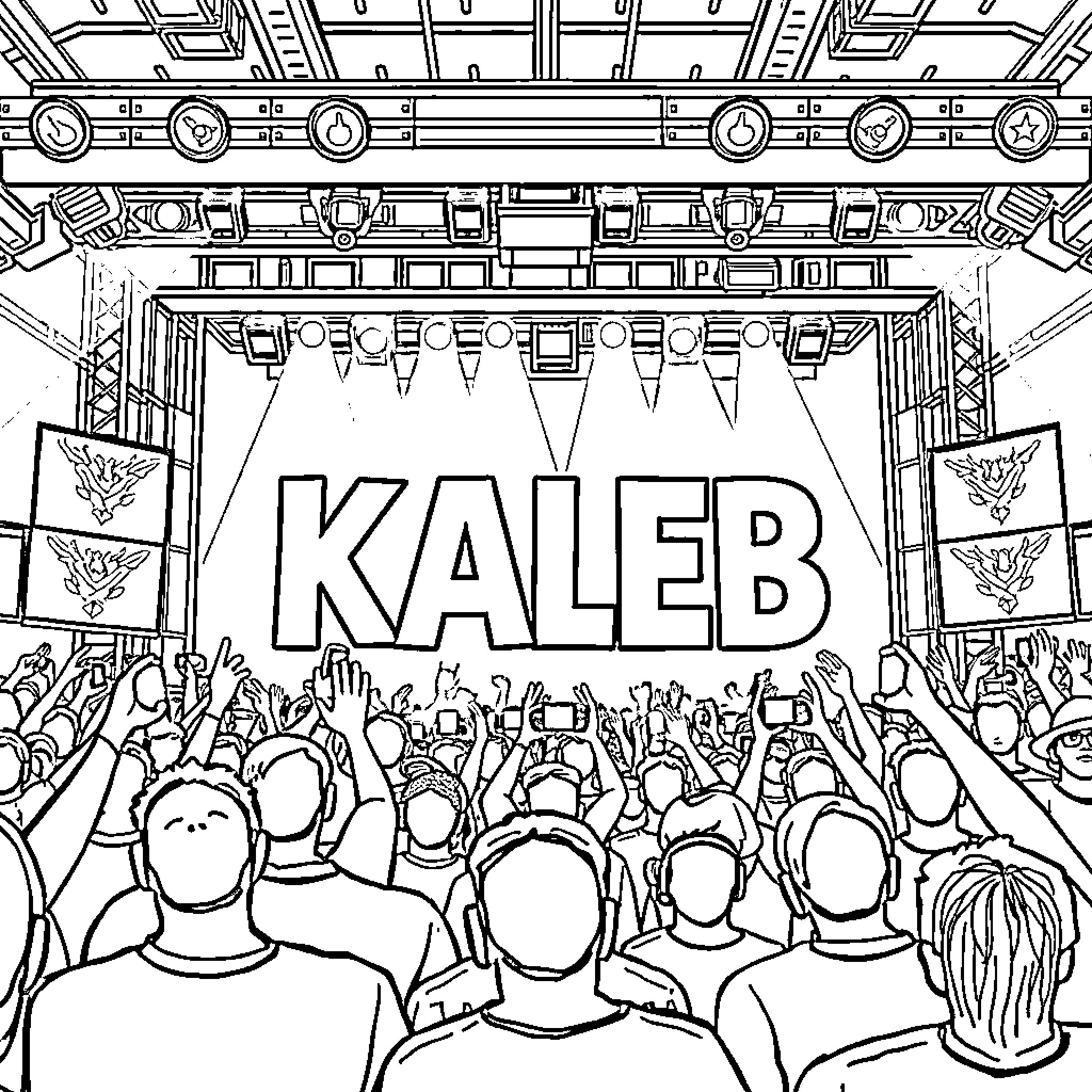 Kaleb's crowd cheering at a concert Coloring Page (free black-and-white line drawing printable PDF for all, from beginners to advanced learners, including children, teens, adults, and seniors)