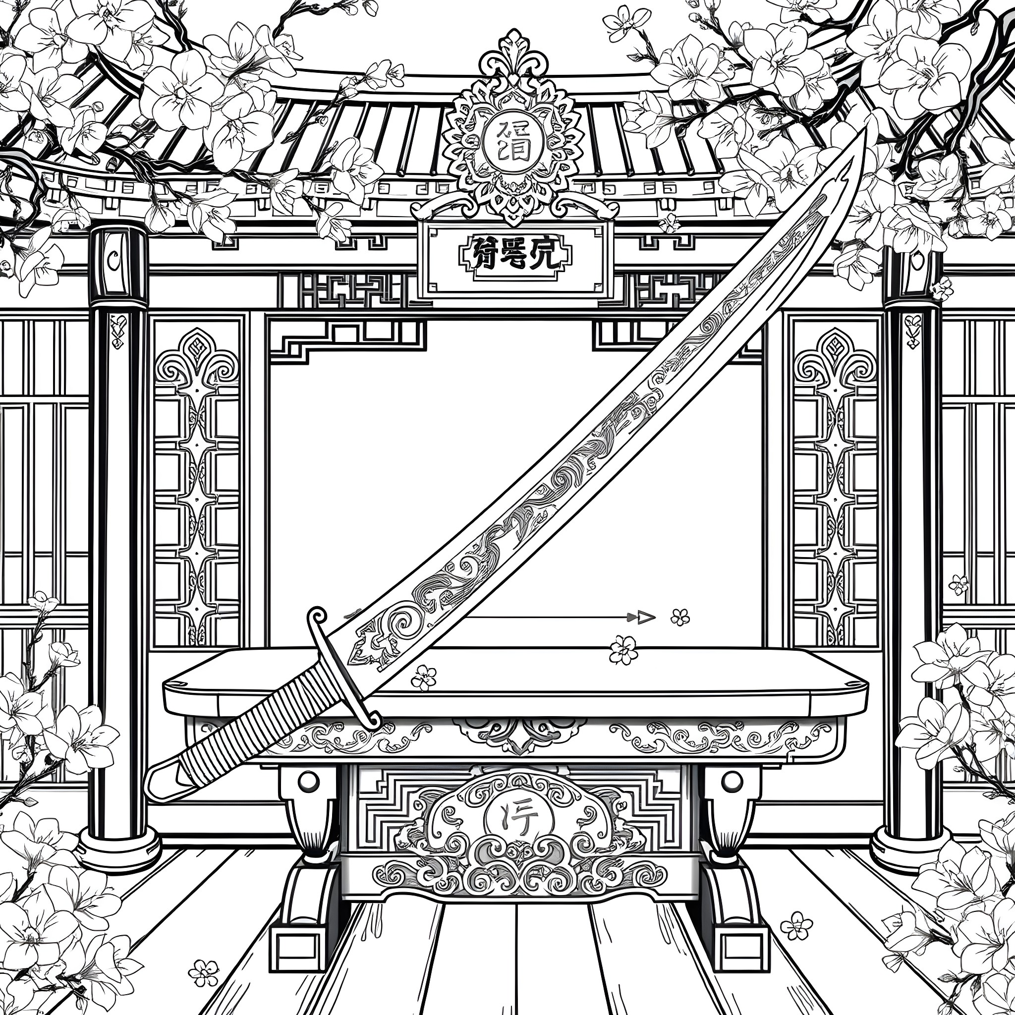 Mulan's Sword and Shrine Illustration Coloring Page (free black-and-white line drawing printable PDF for all, from beginners to advanced learners, including children, teens, adults, and seniors)