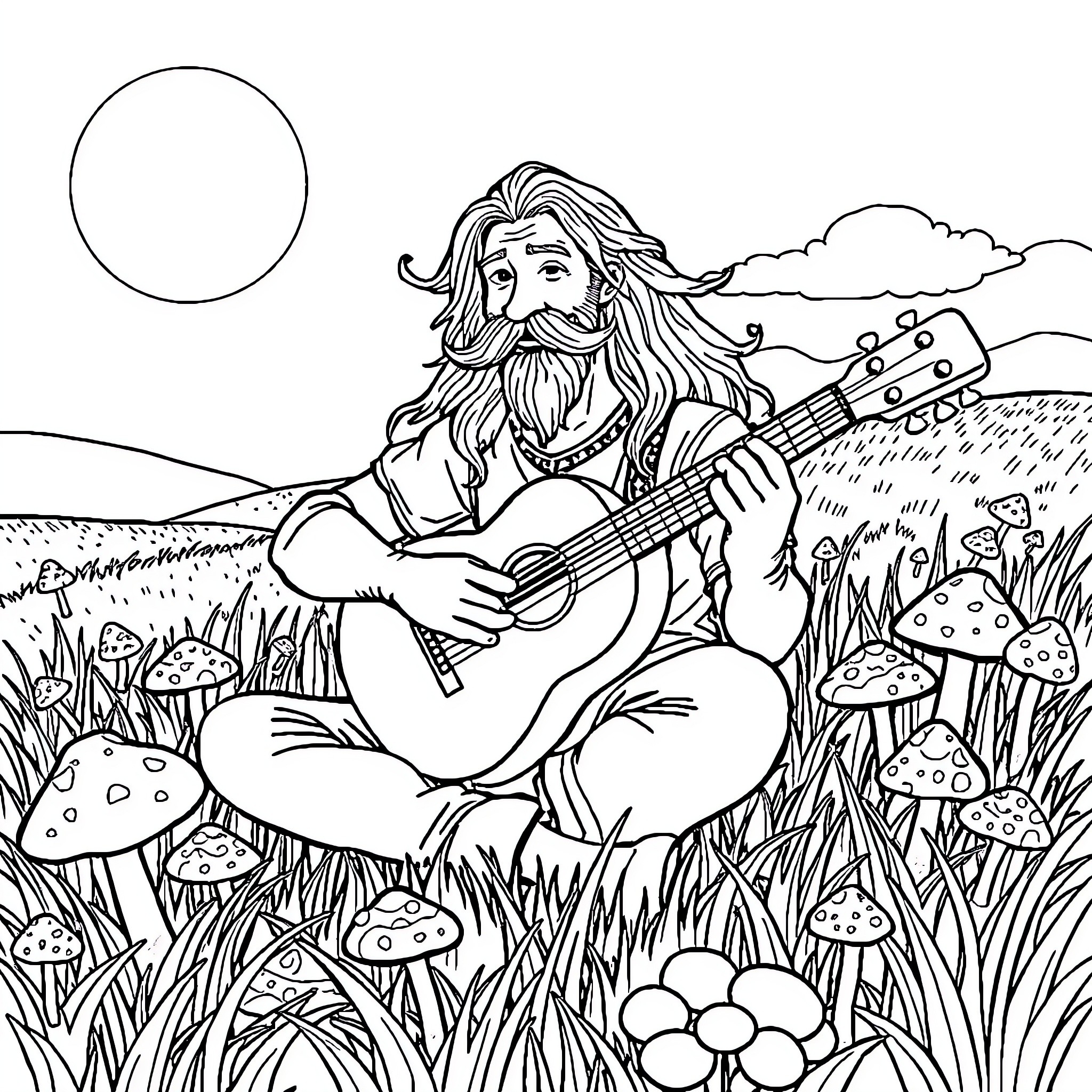 Guy Playing Guitar Amidst Mushrooms and Nature Coloring Page (free black-and-white line drawing printable PDF for all, from beginners to advanced learners, including children, teens, adults, and seniors)