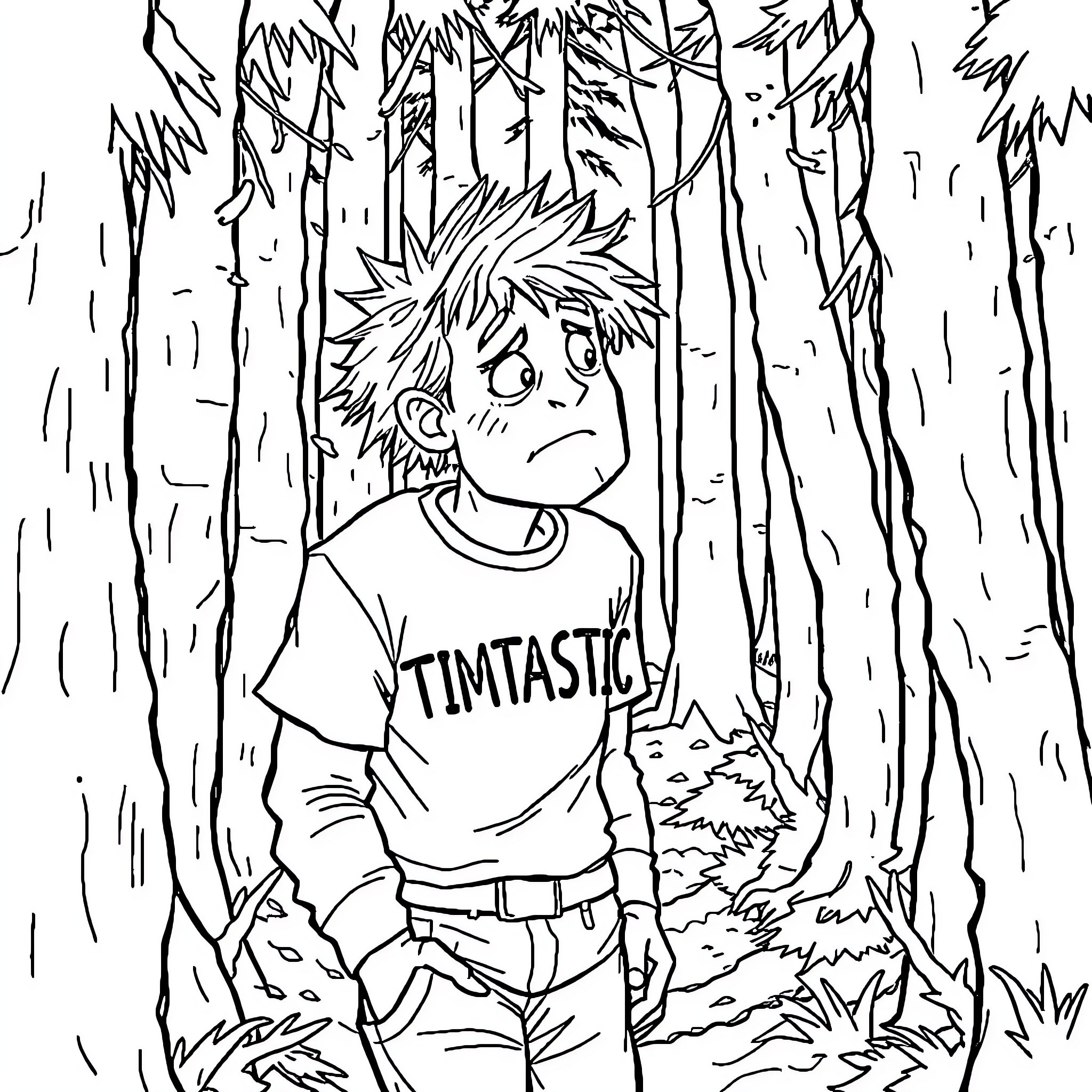 Man exploring mysterious forest in casual attire Coloring Page (free black-and-white line drawing printable PDF for all, from beginners to advanced learners, including children, teens, adults, and seniors)