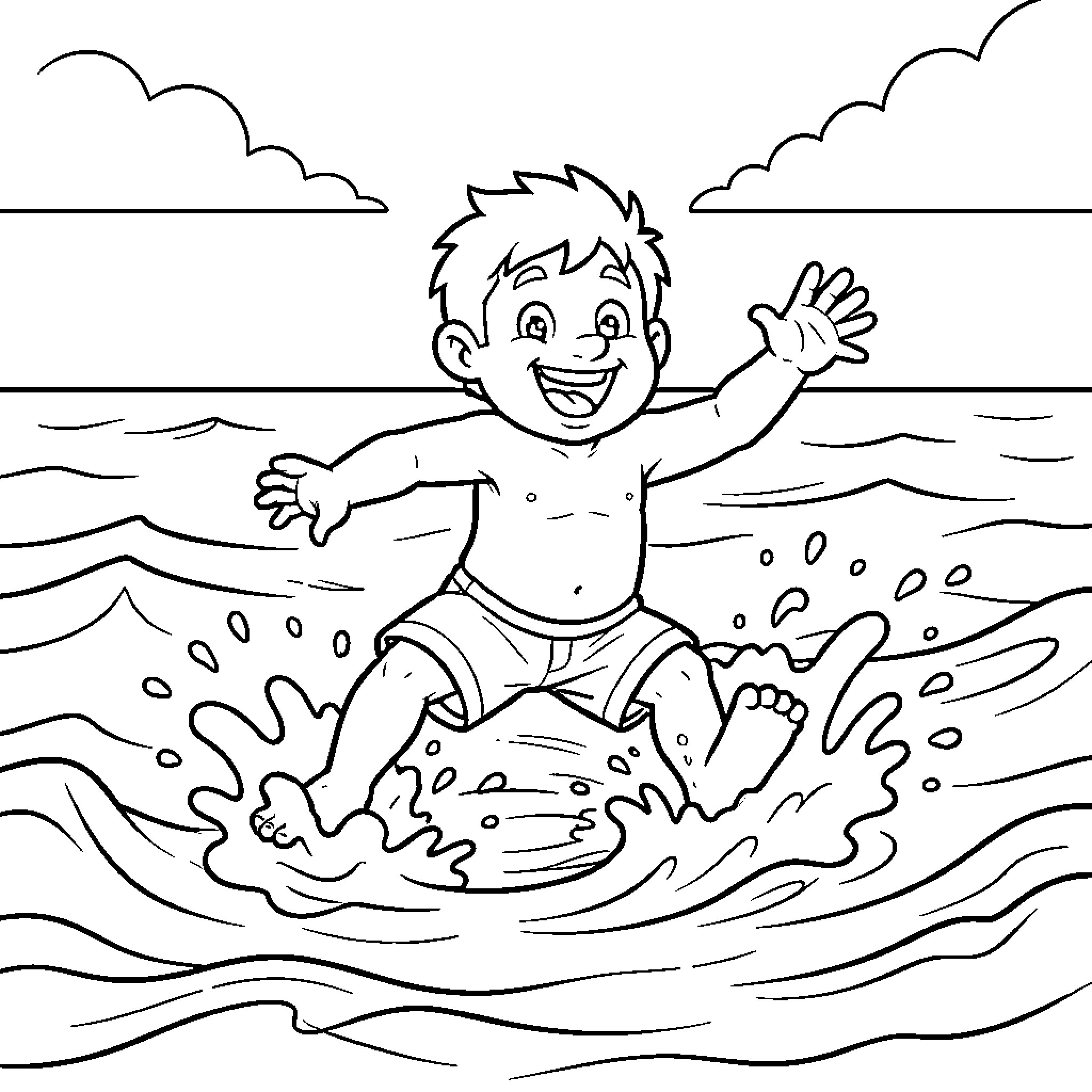 Chungungo playing joyfully in the waves Coloring Page (free black-and-white line drawing printable PDF for all, from beginners to advanced learners, including children, teens, adults, and seniors)