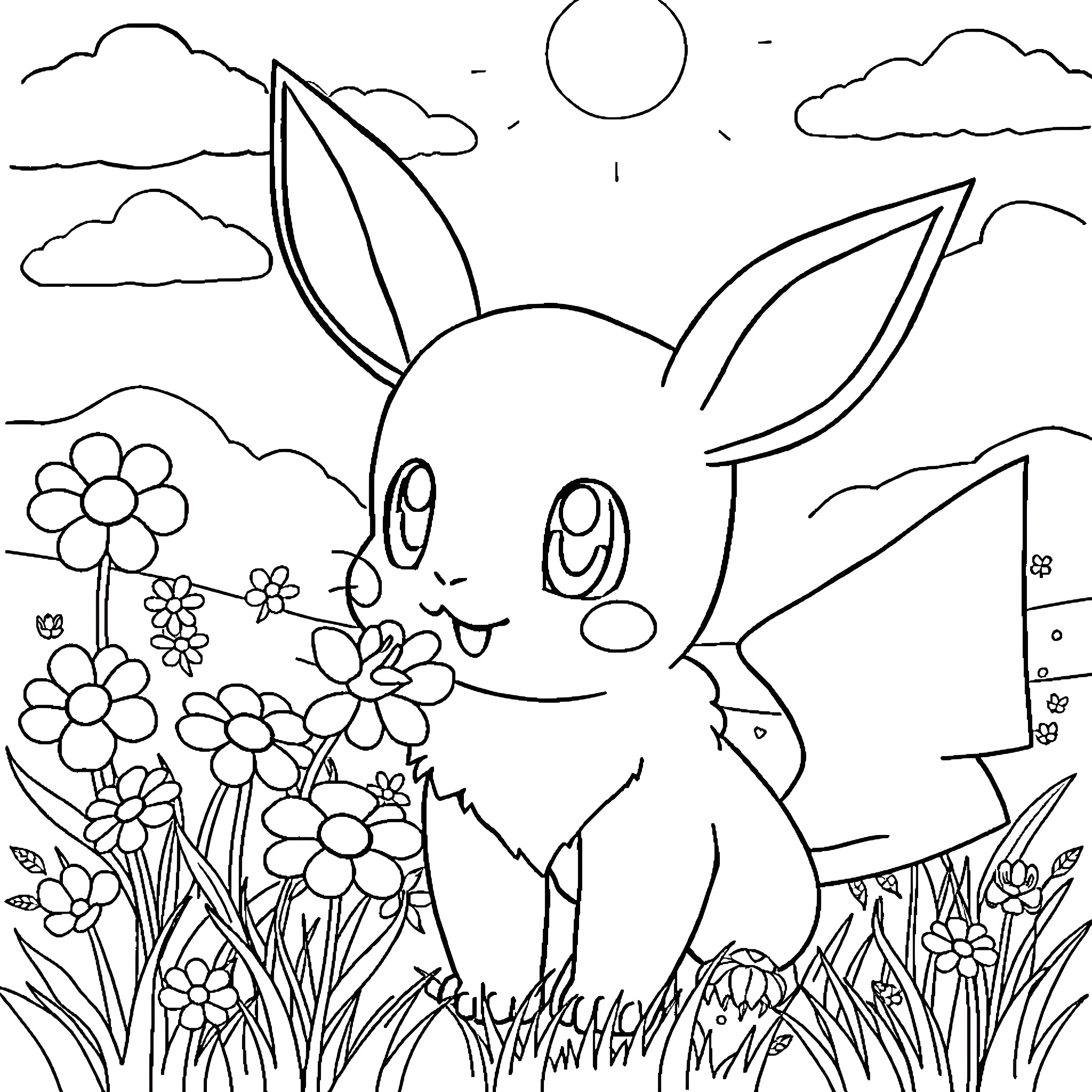 Pokémon Rabbit-like Creature in a Floral Scene Coloring Page (free black-and-white line drawing printable PDF for all, from beginners to advanced learners, including children, teens, adults, and seniors)