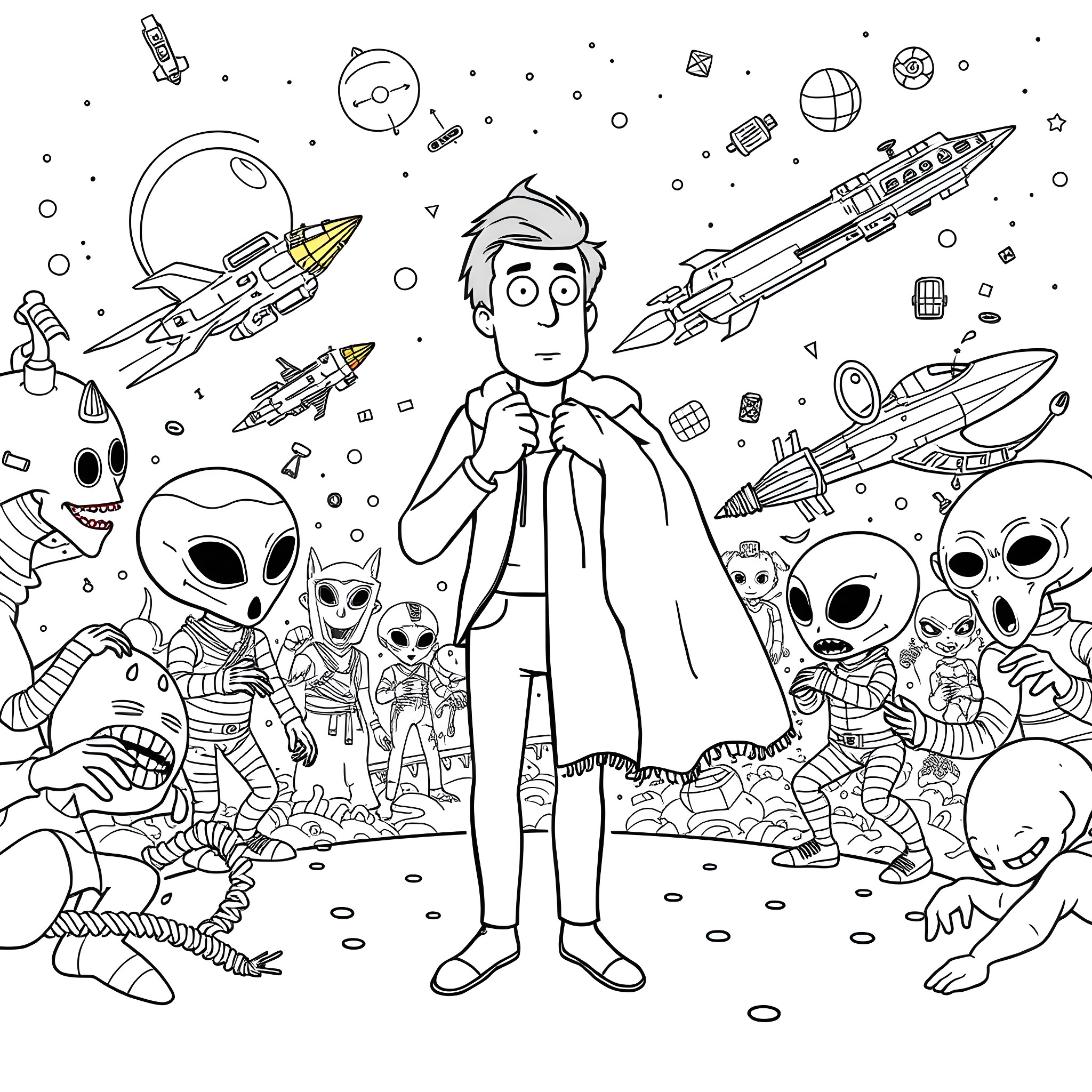Arthur Dent explores the wonders of the cosmos with alien friends Coloring Page (free black-and-white line drawing printable PDF for all, from beginners to advanced learners, including children, teens, adults, and seniors)