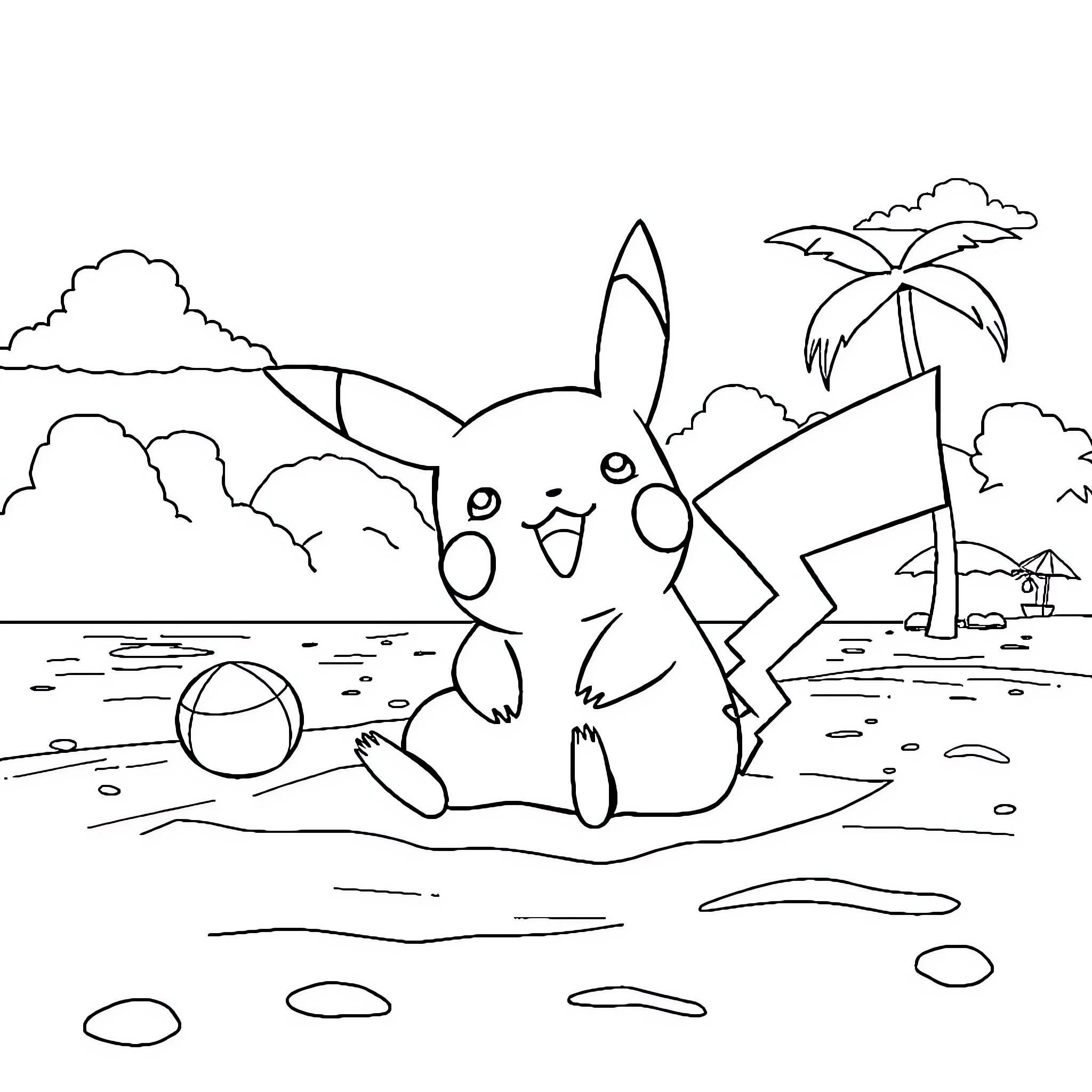 Pikachu enjoying a day at the beach Coloring Page (free black-and-white line drawing printable PDF for all, from beginners to advanced learners, including children, teens, adults, and seniors)