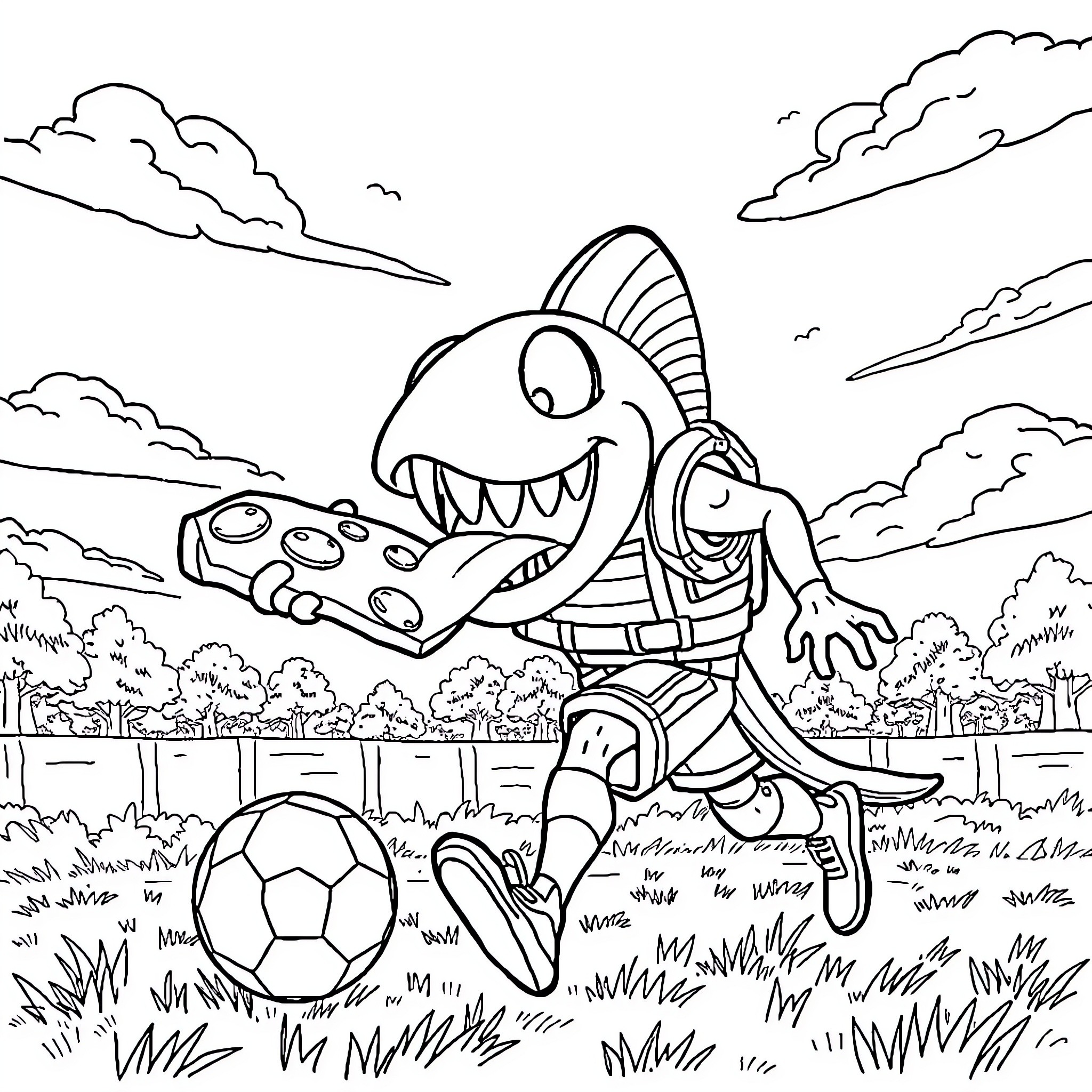 Fishstick playing soccer on a grassy field Coloring Page (free black-and-white line drawing printable PDF for all, from beginners to advanced learners, including children, teens, adults, and seniors)