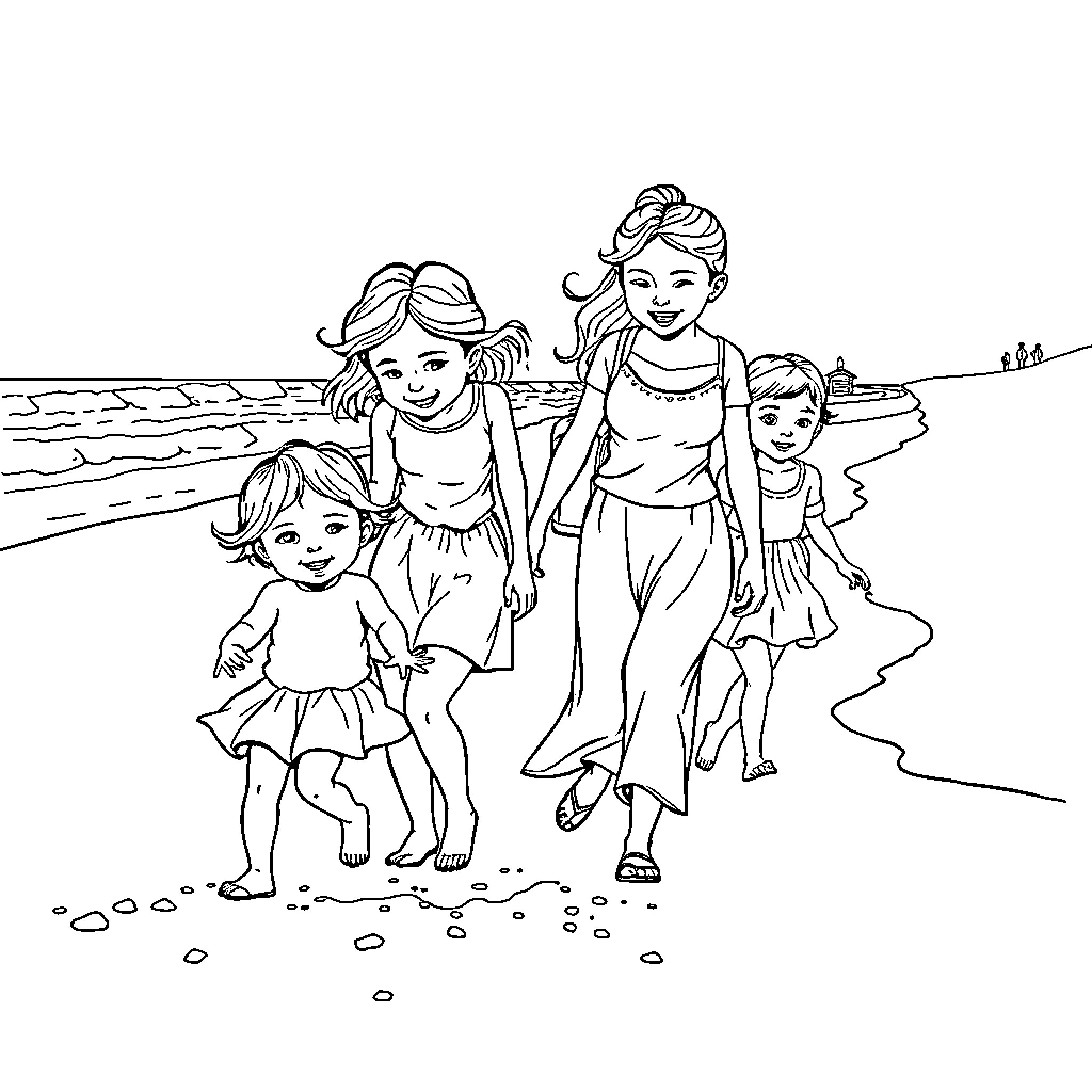 Child family enjoying beach day together Coloring Page (free black-and-white line drawing printable PDF for all, from beginners to advanced learners, including children, teens, adults, and seniors)