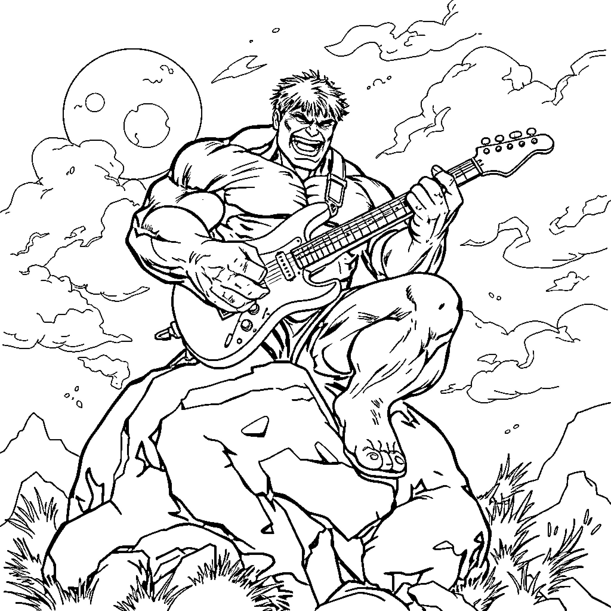 Hulk Rocking Out on Guitar in Nature Coloring Page (free black-and-white line drawing printable PDF for all, from beginners to advanced learners, including children, teens, adults, and seniors)