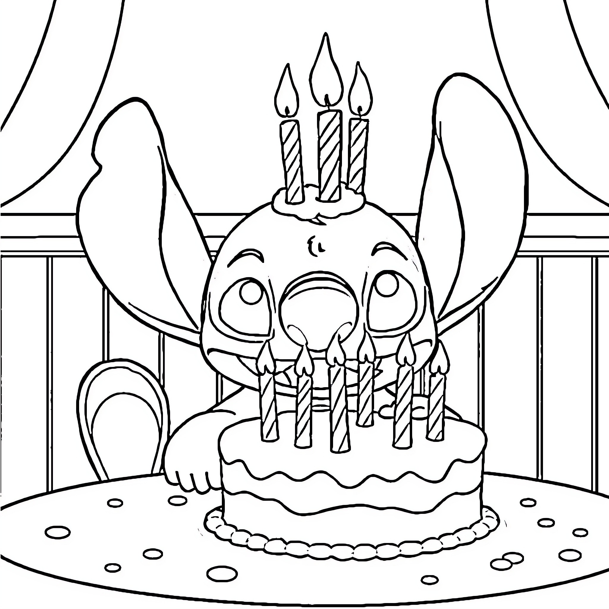 Stitch Celebrating Birthday with Cake and Candles Coloring Page (free black-and-white line drawing printable PDF for all, from beginners to advanced learners, including children, teens, adults, and seniors)