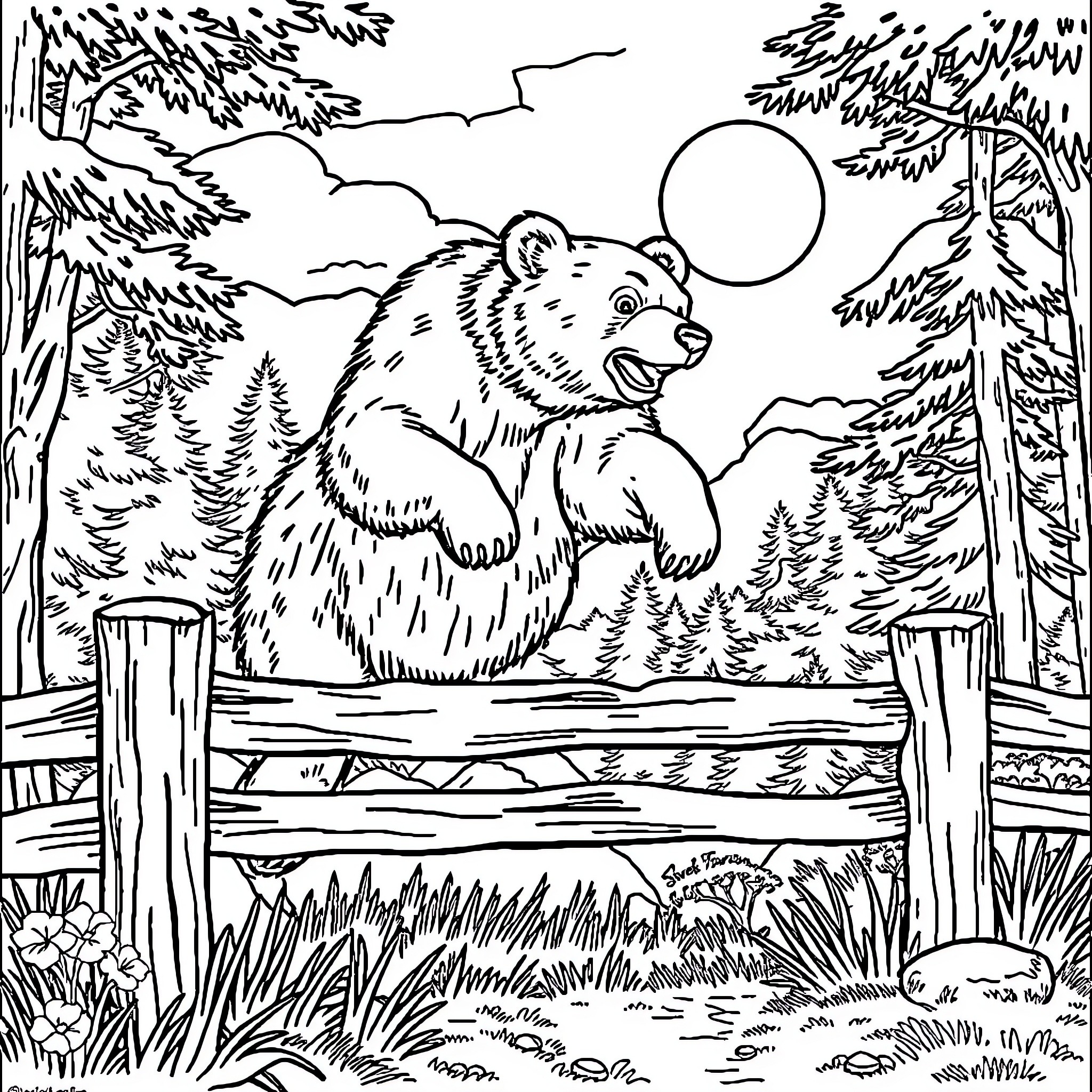 Bear resting in serene forest scene Coloring Page (free black-and-white line drawing printable PDF for all, from beginners to advanced learners, including children, teens, adults, and seniors)