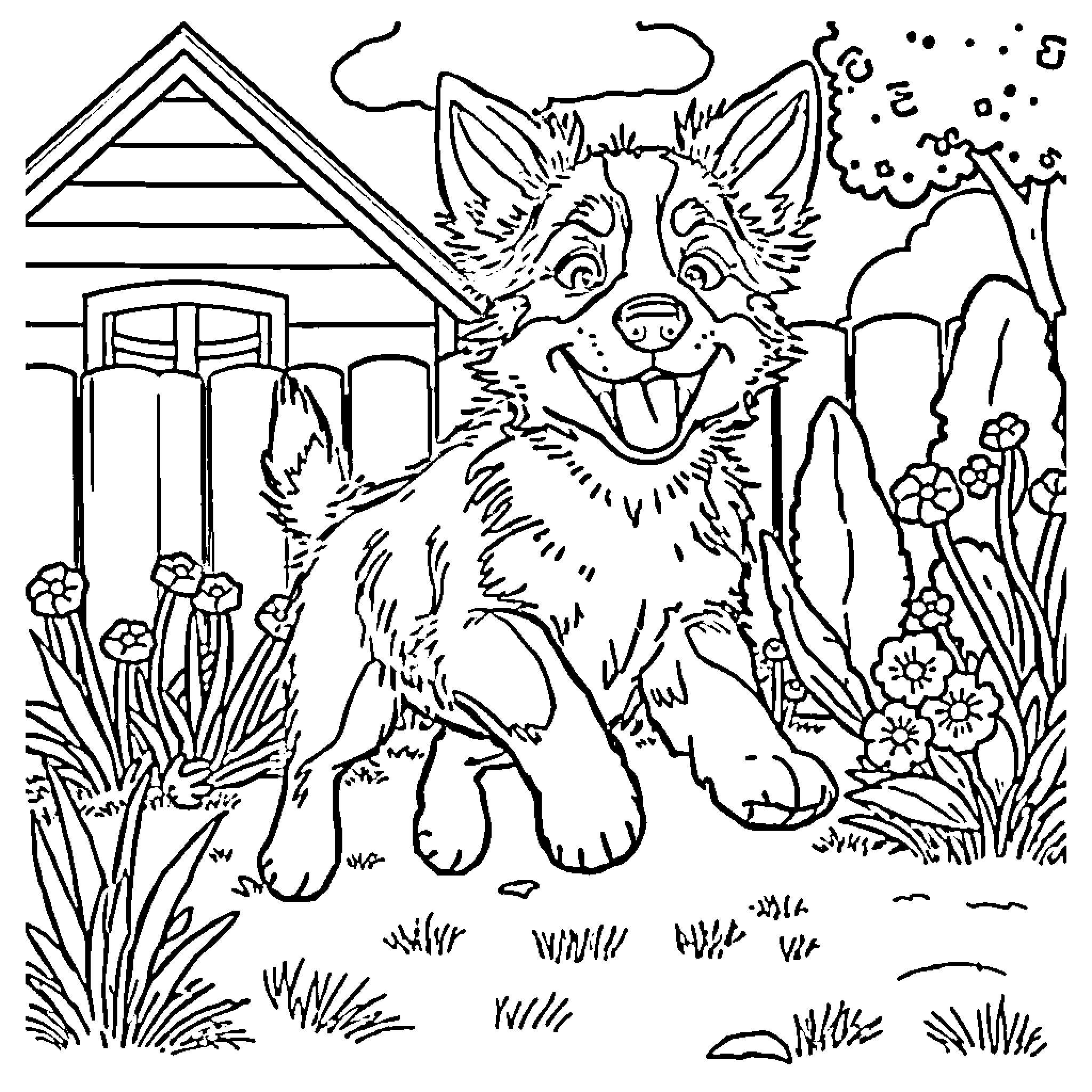 Bluey playing joyfully in the backyard Coloring Page (free black-and-white line drawing printable PDF for all, from beginners to advanced learners, including children, teens, adults, and seniors)
