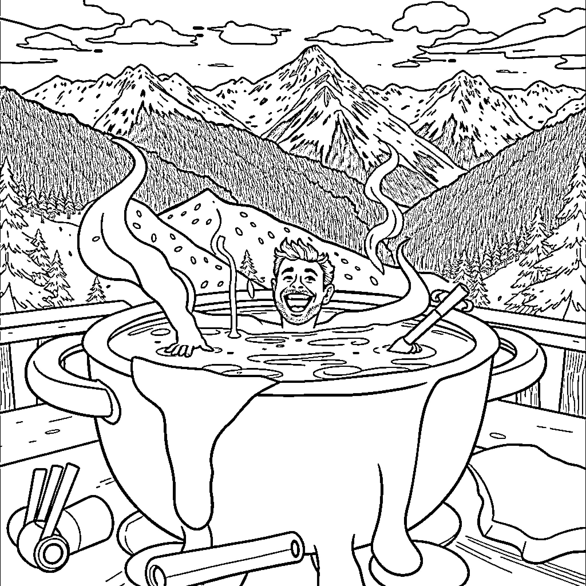 Man relaxing in hot spring with mountain scenery Coloring Page (free black-and-white line drawing printable PDF for all, from beginners to advanced learners, including children, teens, adults, and seniors)