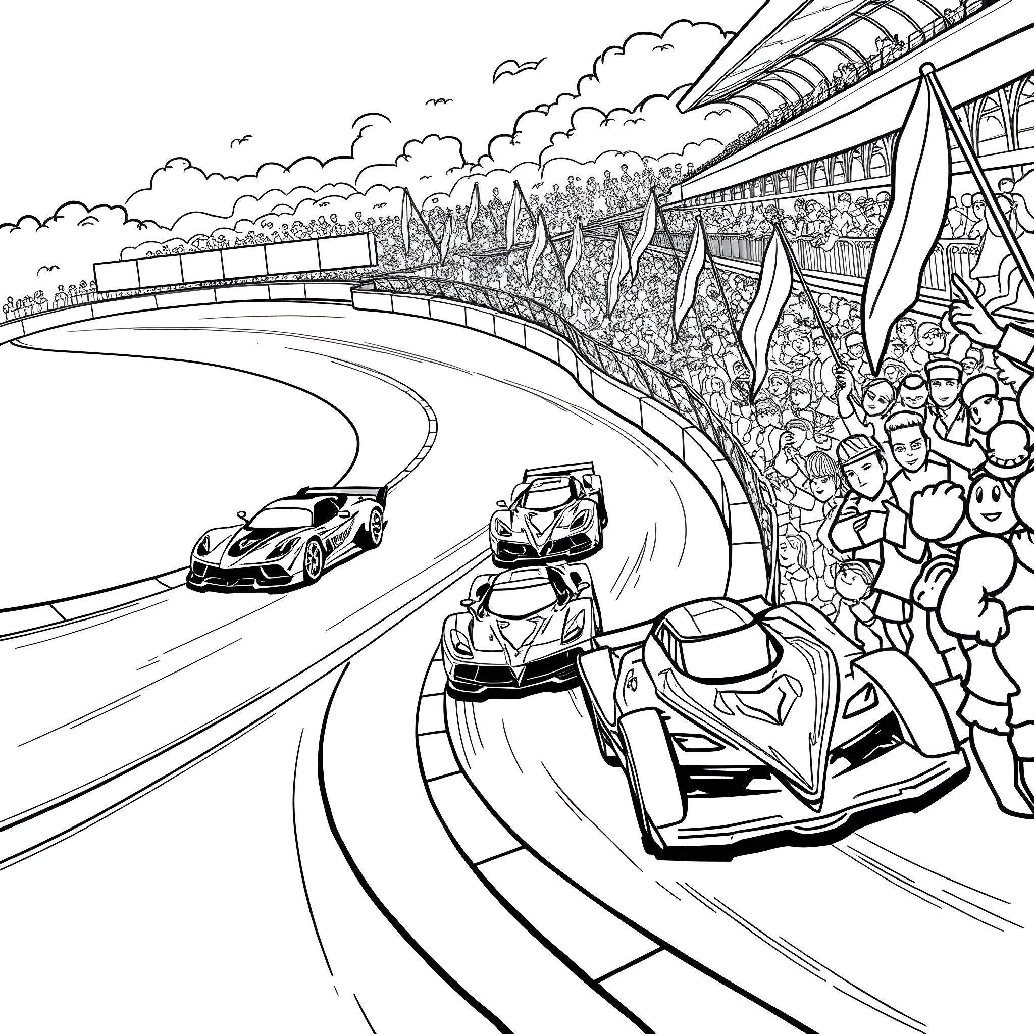 Hot Wheels racing on the thrilling track Coloring Page (free black-and-white line drawing printable PDF for all, from beginners to advanced learners, including children, teens, adults, and seniors)