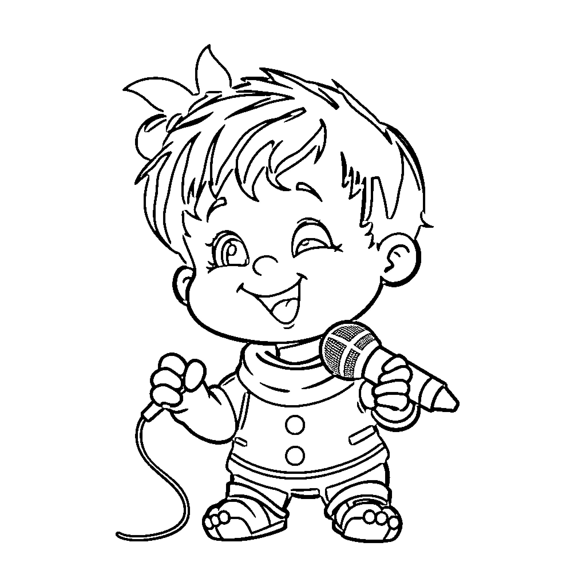 Baby singing happily with a microphone Coloring Page (free black-and-white line drawing printable PDF for all, from beginners to advanced learners, including children, teens, adults, and seniors)