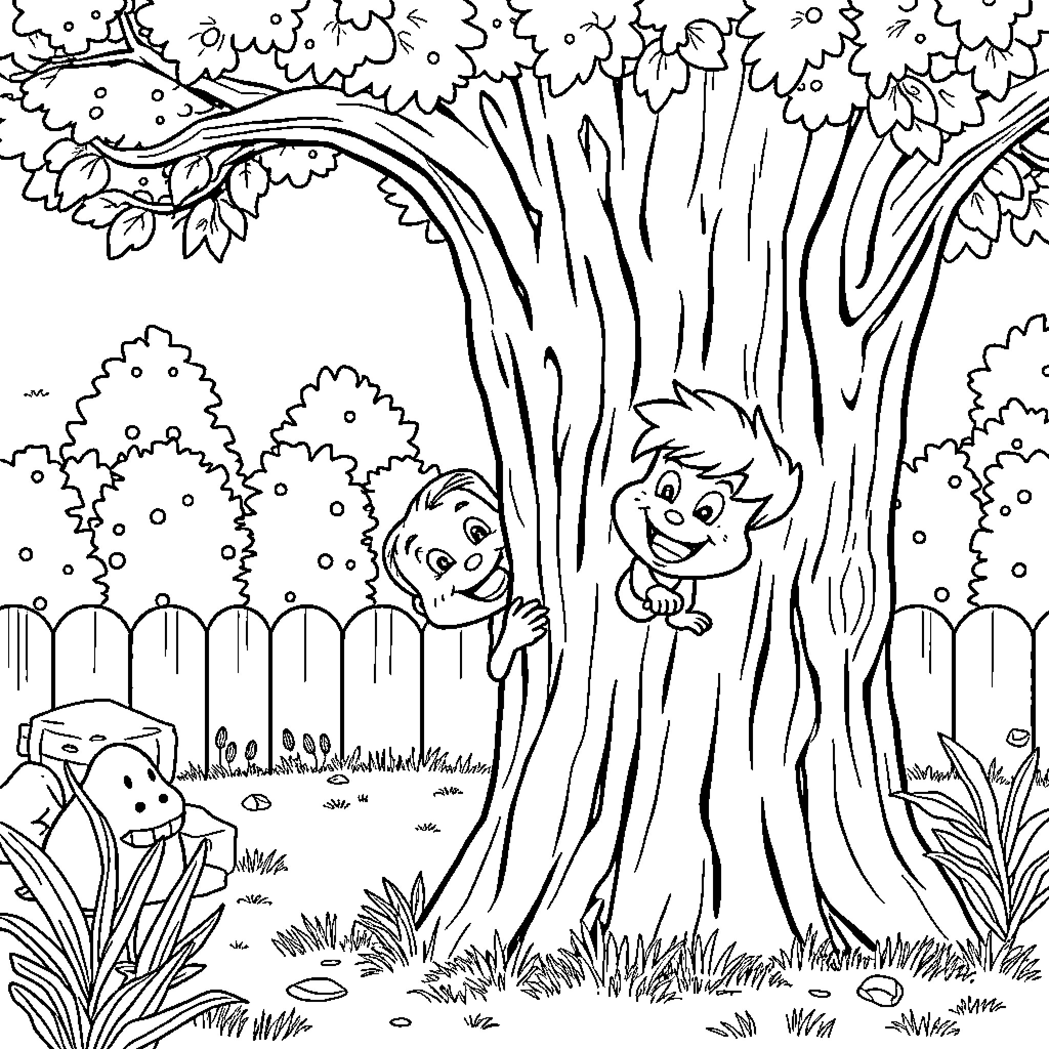Bluey playing happily in the enchanting forest Coloring Page (free black-and-white line drawing printable PDF for all, from beginners to advanced learners, including children, teens, adults, and seniors)