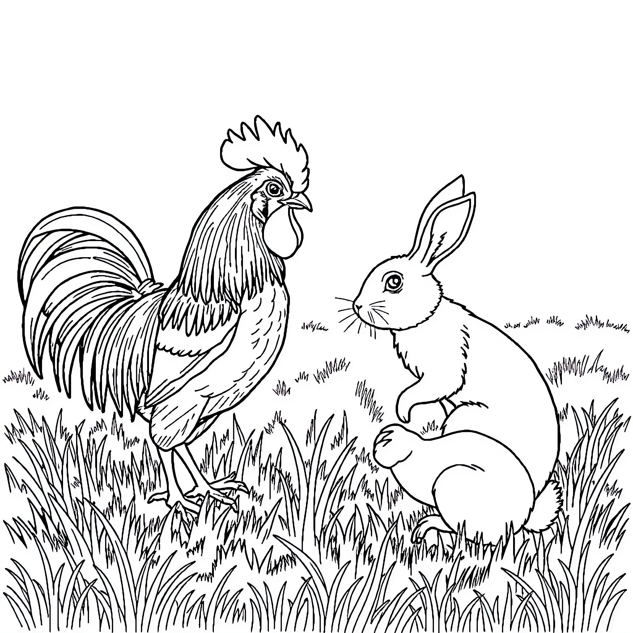 Rooster and Rabbit in Grassy Field Coloring Page (free black-and-white line drawing printable PDF for all, from beginners to advanced learners, including children, teens, adults, and seniors)