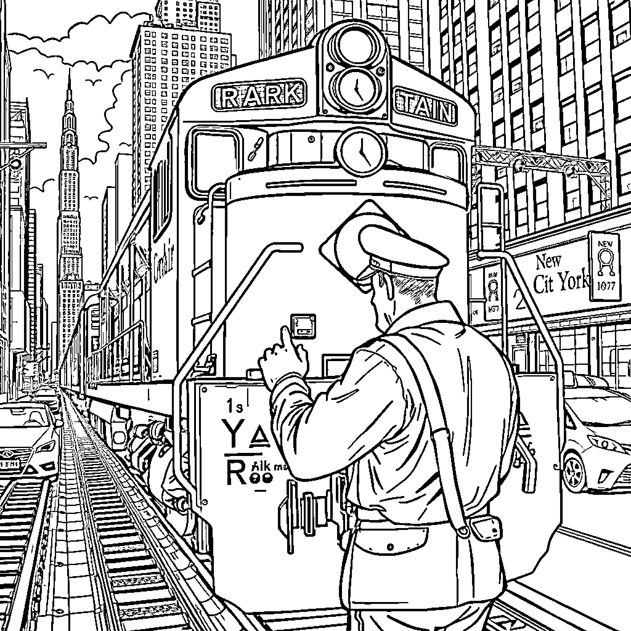 Train conductor at work in the city Coloring Page (free black-and-white line drawing printable PDF for all, from beginners to advanced learners, including children, teens, adults, and seniors)