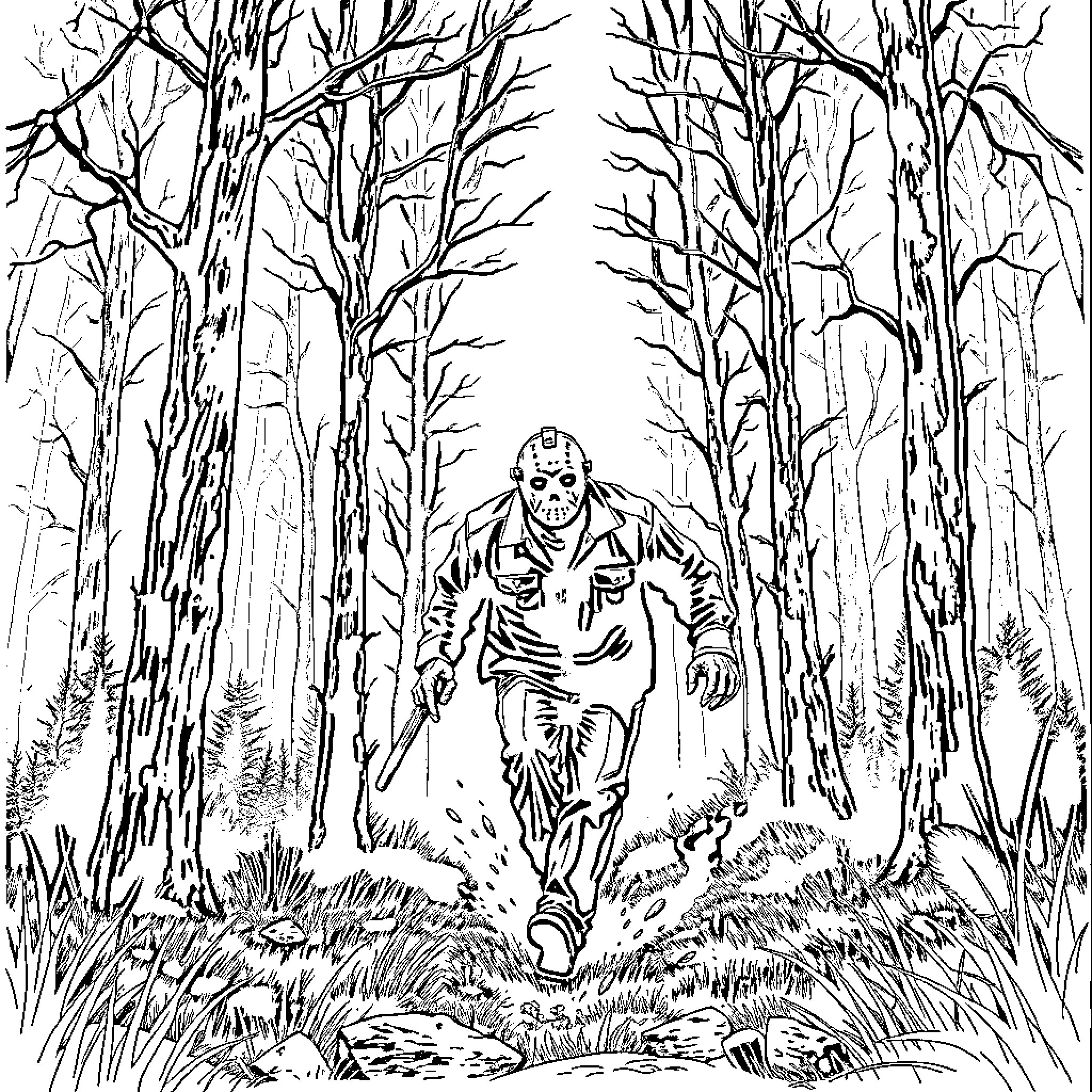 Jason Voorhees stalking through the eerie forest Coloring Page (free black-and-white line drawing printable PDF for all, from beginners to advanced learners, including children, teens, adults, and seniors)