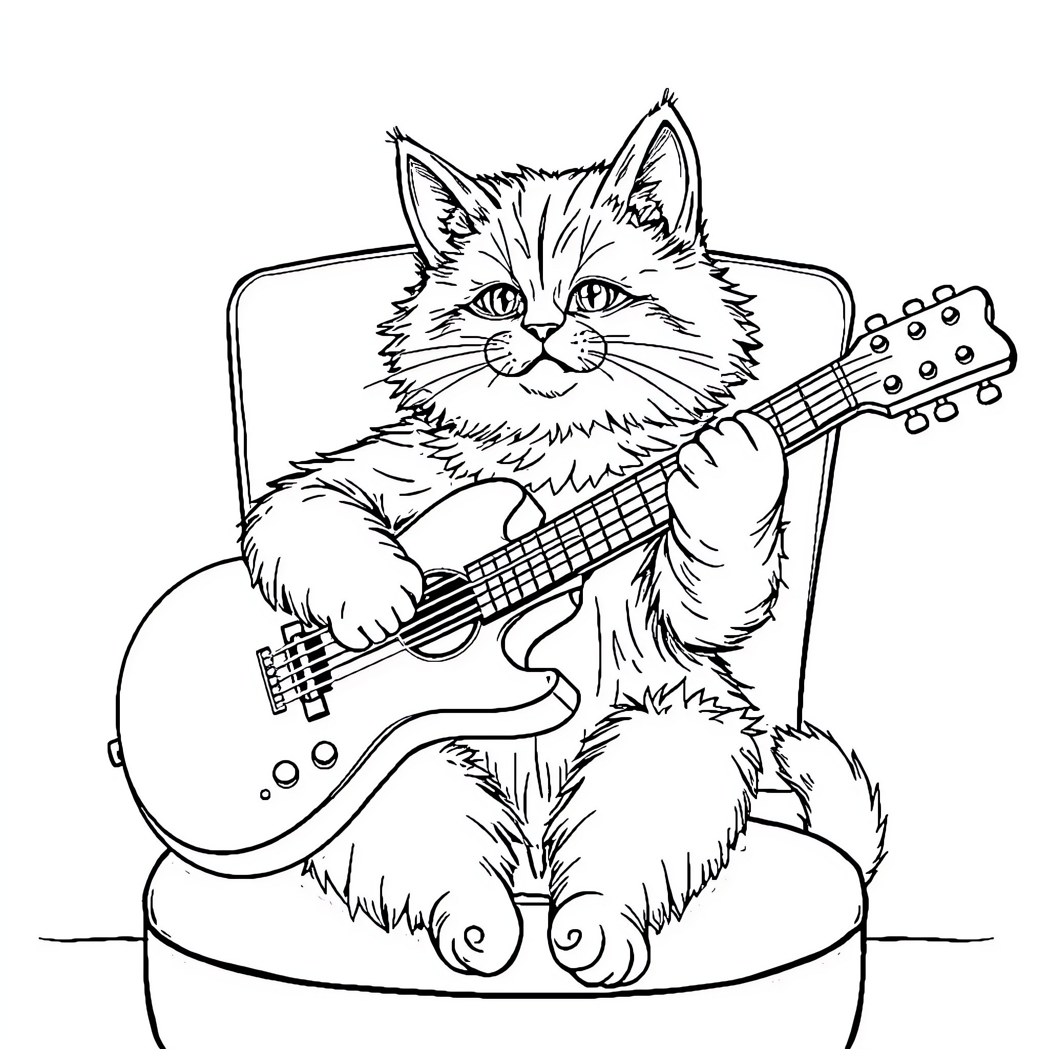 Cat playing guitar in chair Coloring Page (free black-and-white line drawing printable PDF for all, from beginners to advanced learners, including children, teens, adults, and seniors)