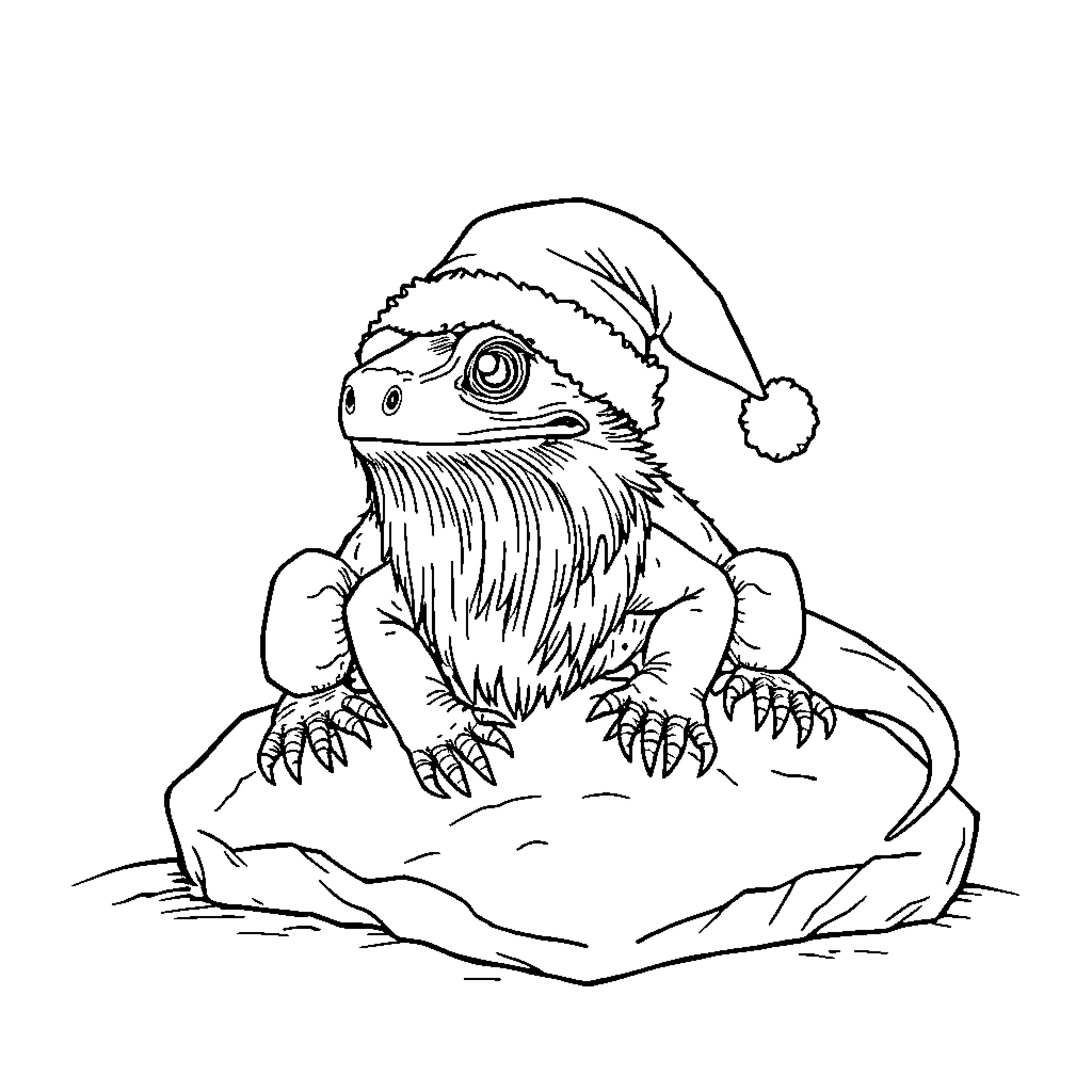 Bearded Dragon wearing a Santa hat Coloring Page (free black-and-white line drawing printable PDF for all, from beginners to advanced learners, including children, teens, adults, and seniors)