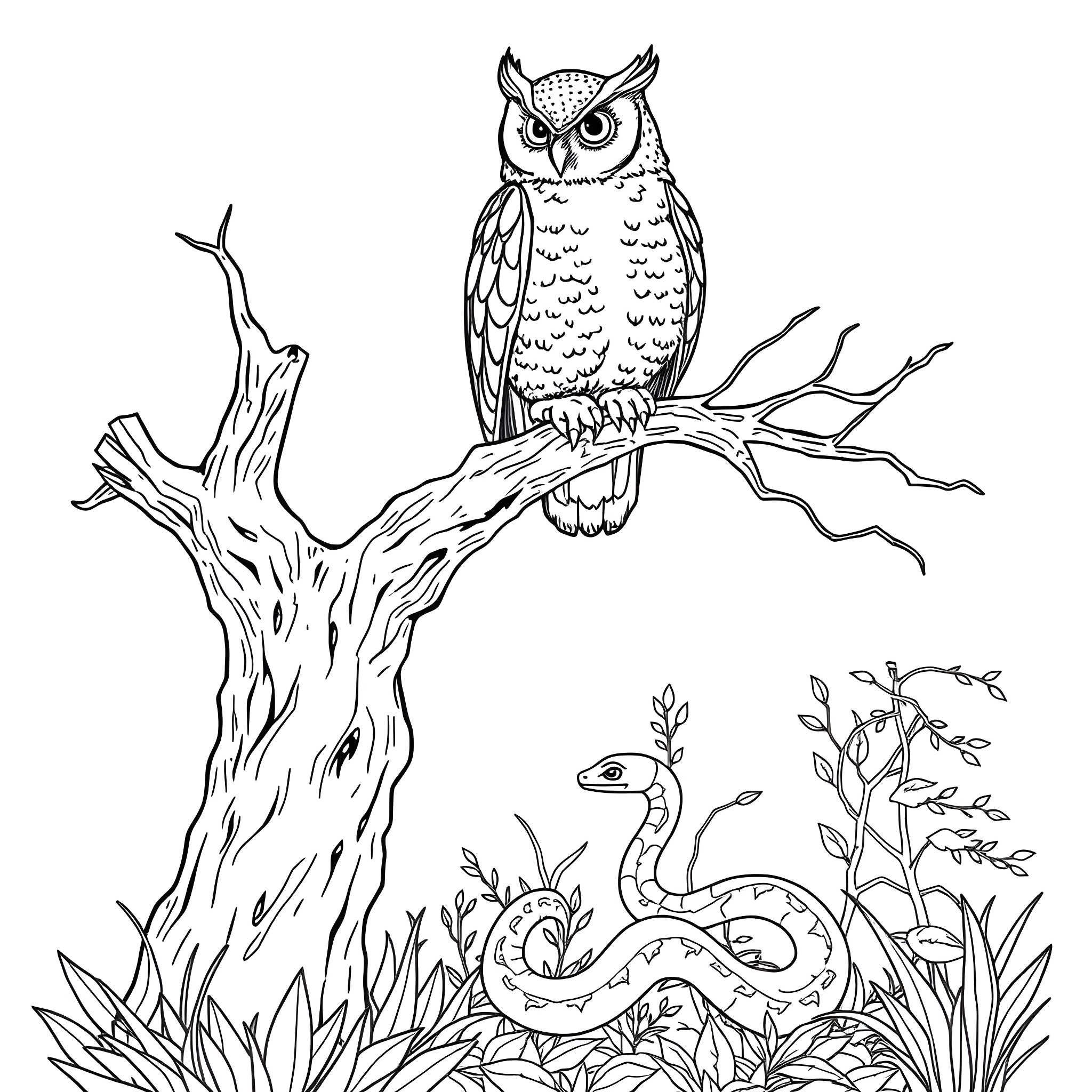 Owl perched on a tree branch with a snake in the grass Coloring Page (free black-and-white line drawing printable PDF for all, from beginners to advanced learners, including children, teens, adults, and seniors)