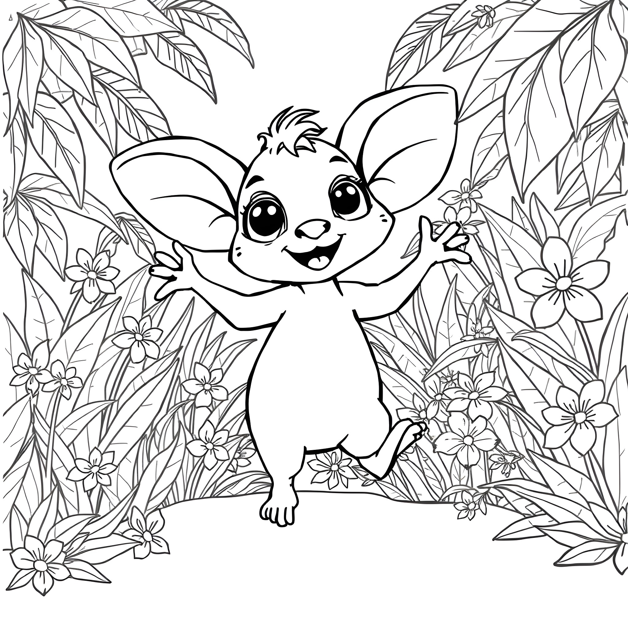Labubu exploring the enchanting floral garden Coloring Page (free black-and-white line drawing printable PDF for all, from beginners to advanced learners, including children, teens, adults, and seniors)
