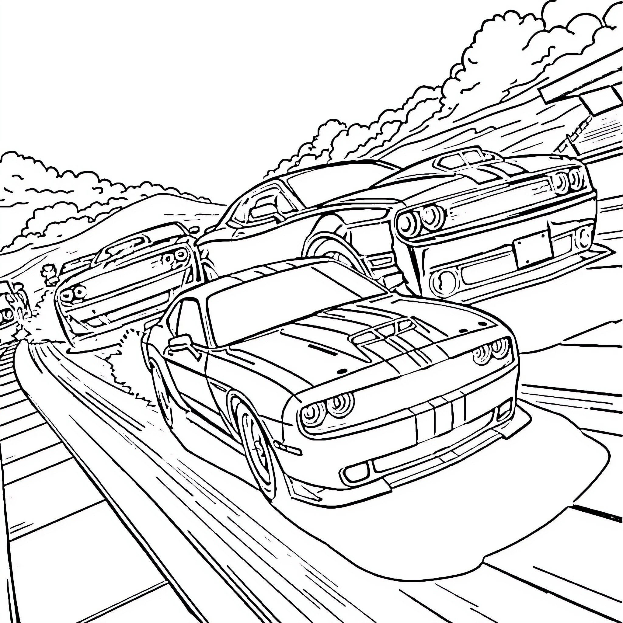 Cars racing on the road with speed and excitement Coloring Page (free black-and-white line drawing printable PDF for all, from beginners to advanced learners, including children, teens, adults, and seniors)