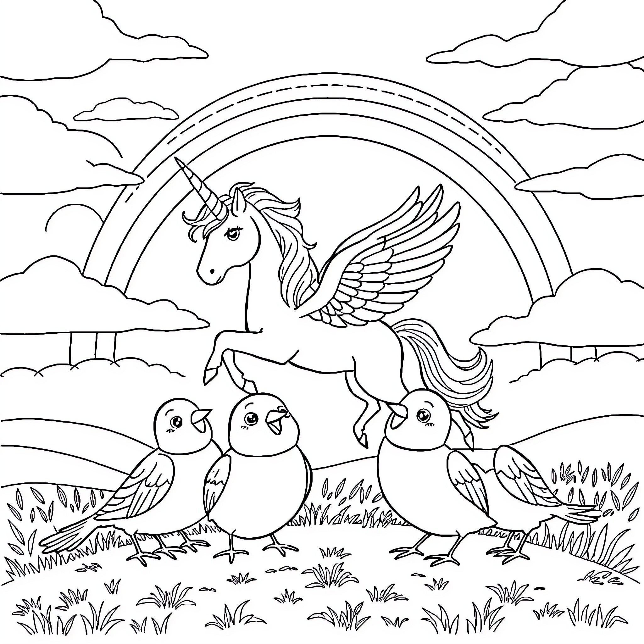 Bird-like creatures and a winged horse in a whimsical landscape Coloring Page (free black-and-white line drawing printable PDF for all, from beginners to advanced learners, including children, teens, adults, and seniors)