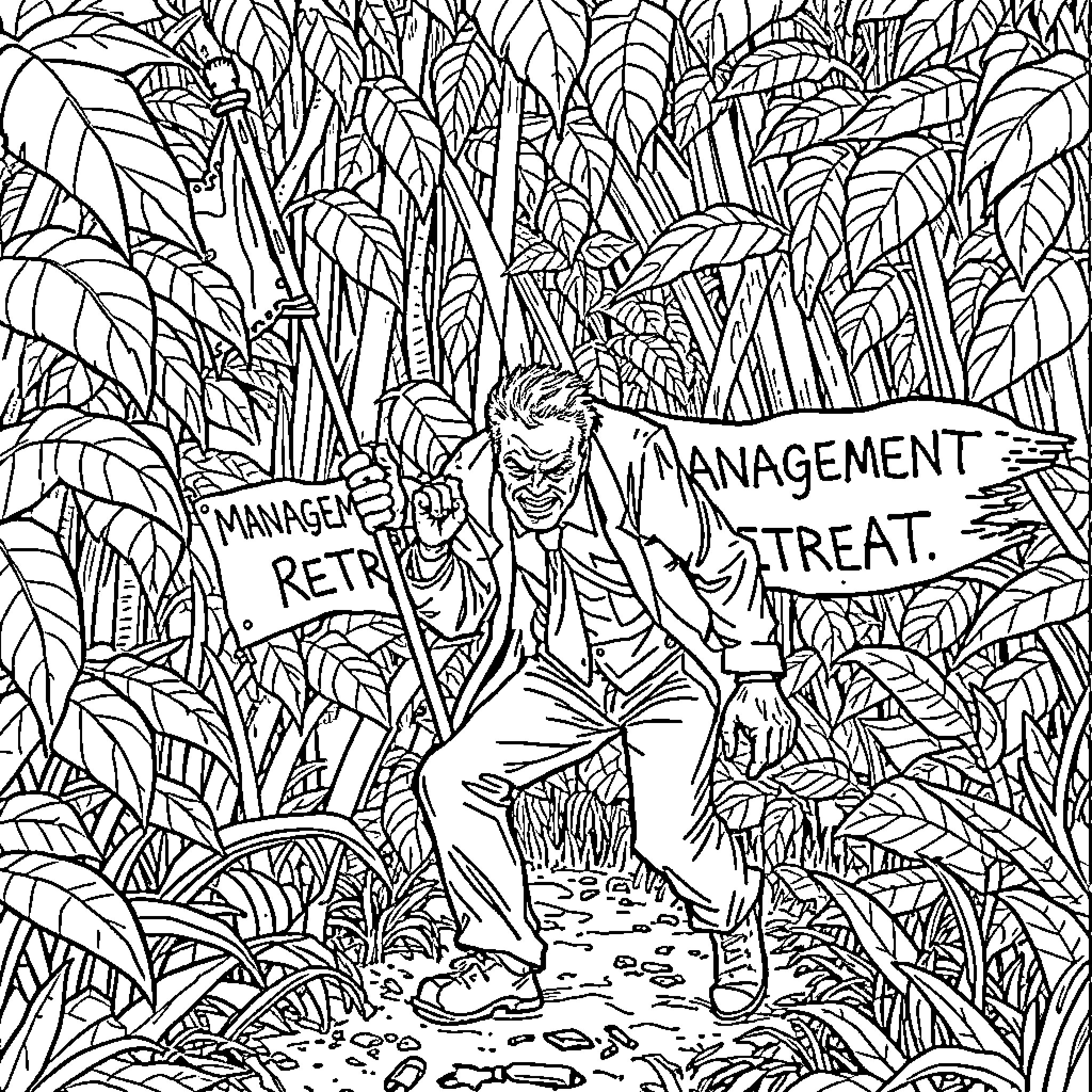 Executive Retreats Into the Wilderness Coloring Page (free black-and-white line drawing printable PDF for all, from beginners to advanced learners, including children, teens, adults, and seniors)